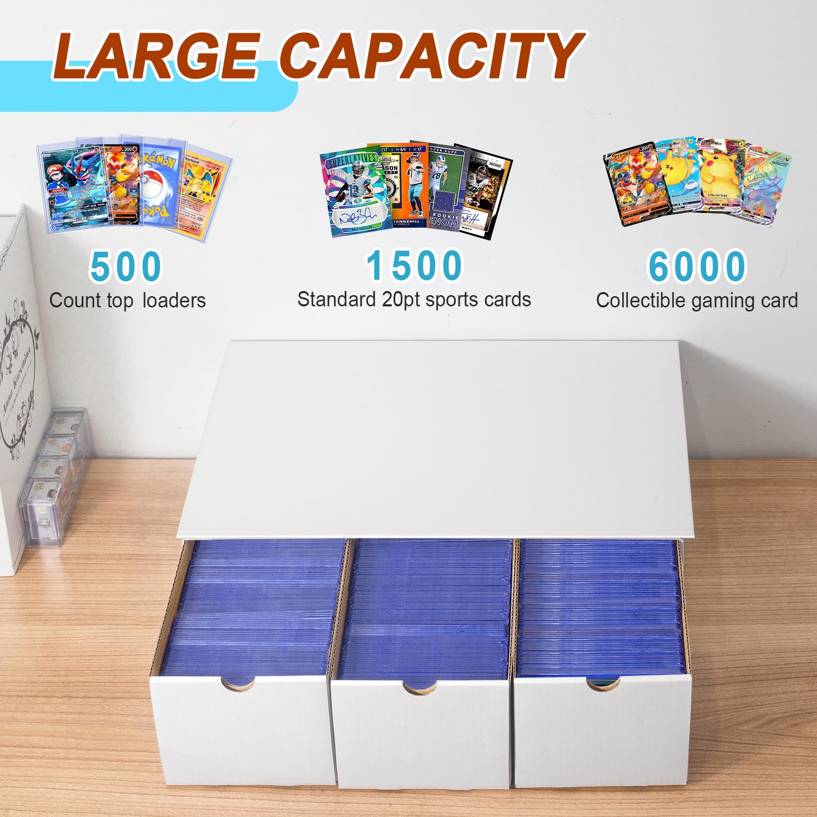 Vowcarol 3 Row 2000 Count Trading Card Storage Box - Baseball & Sports Card Organizer Case with Top Loader Protection - Perfect for Collectors, TCG Games, and Card Show Storage
