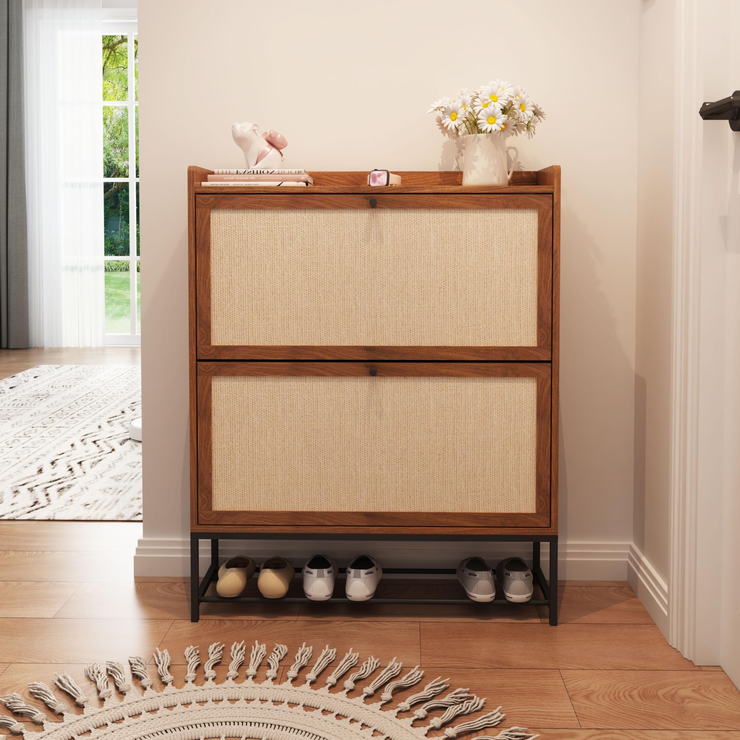Narrow Shoe Storage Cabinet with 2 Flip Drawers - Freestanding Slim Shoe Organizer | Wooden Closed Shoe Rack for Entryway, Hallway & Living Room | Walnut Finish | Perfect for Small Spaces & Apartment Organization