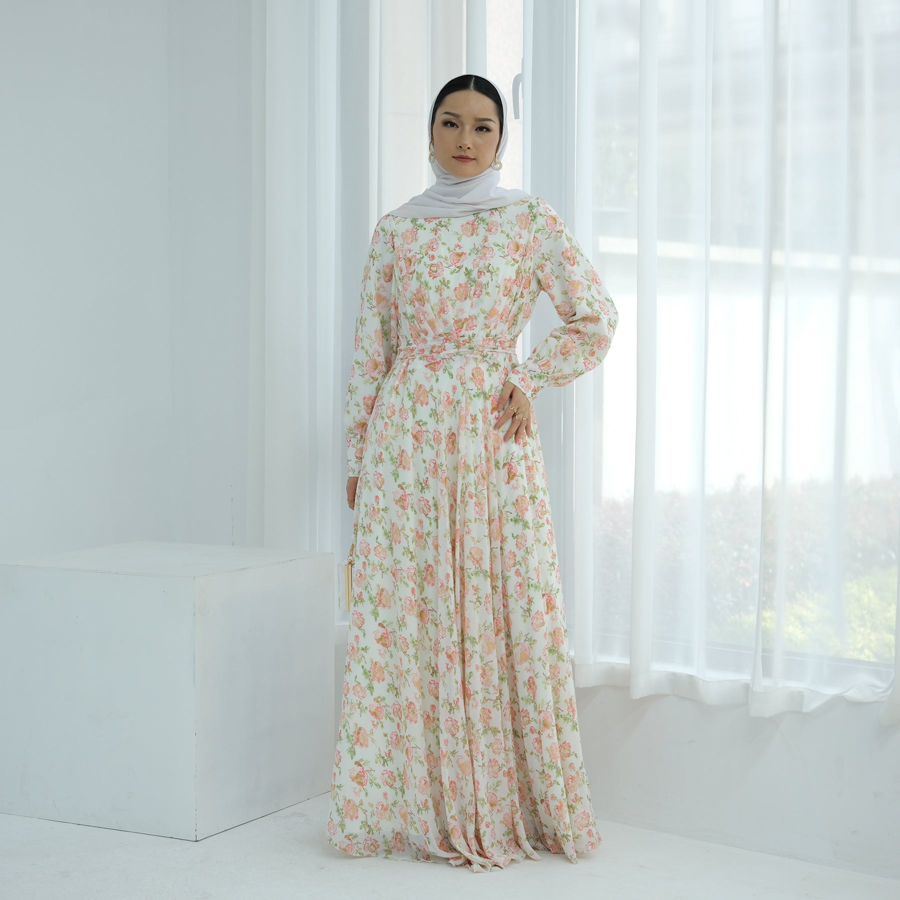 Gardenia Floral Maxi Dress in Coral Green - Elegant Summer Beach Dress for Women, Perfect for Vacations, Weddings & Outdoor Parties