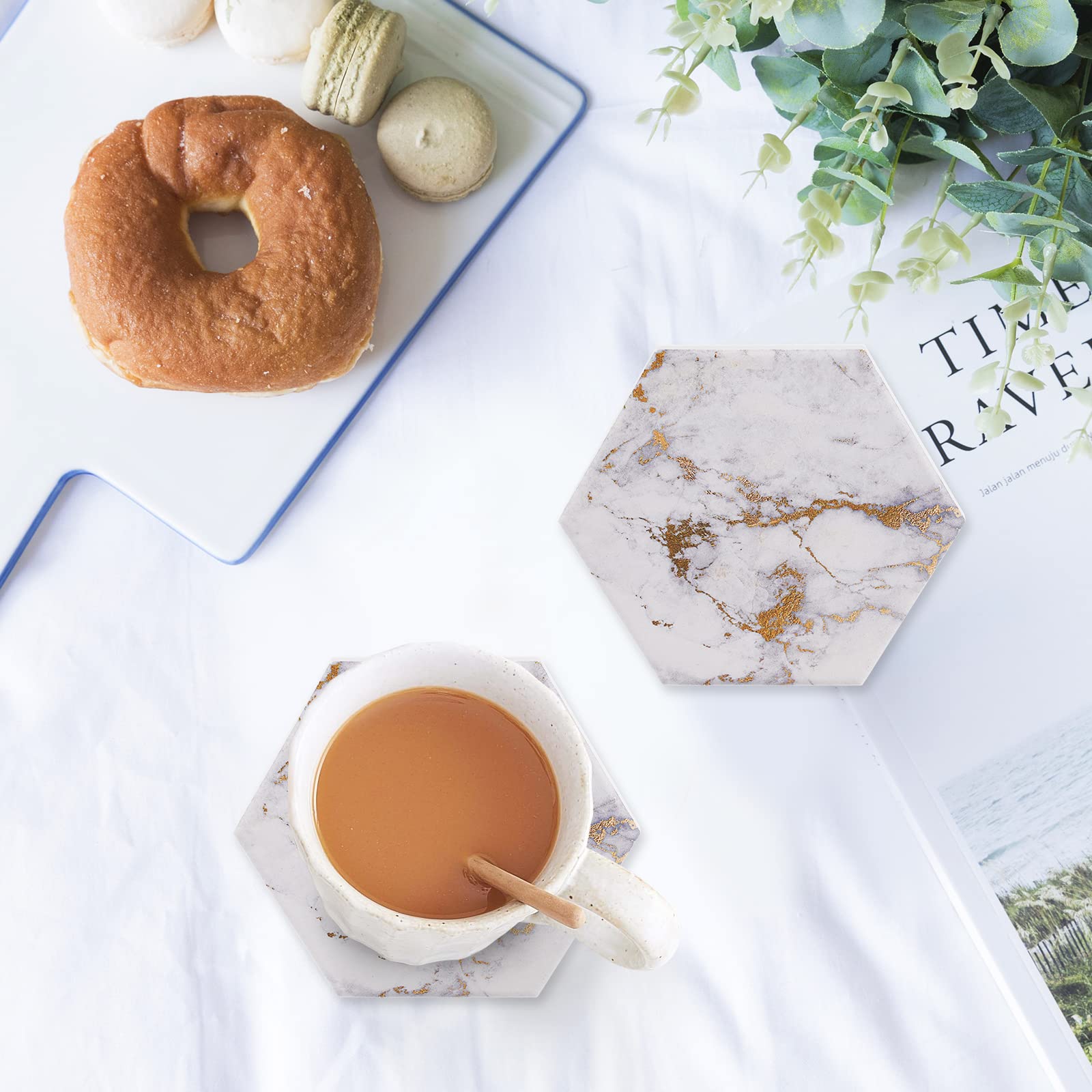 Gold Marble Drink Coasters with Holder - Home Decor & Gift for Coffee Table