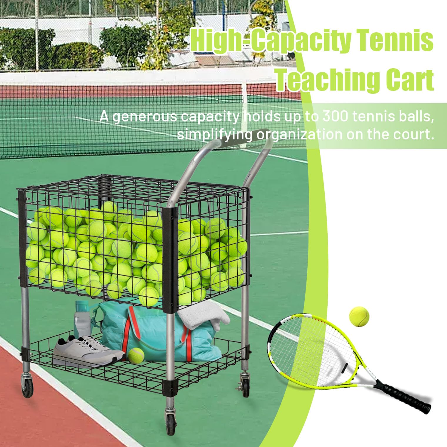 Lockable Wheel Heavy Duty Tennis Ball Cart - Portable Storage Basket & Pickup Hopper for Professional Court Training | Perfect for Tennis Coaches, Clubs & Travel