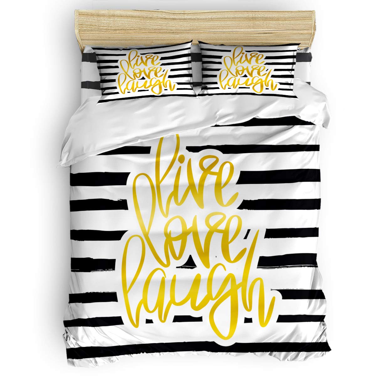 Sunteeny 4-Piece Queen Size Duvet Cover Set - Soft Black & White Striped Comforter Cover with Inspirational 'Live Love Laugh' Quote - All-Season Bedding for Kids & Adults - Perfect for Cozy Bedrooms, Guest Rooms & Dorm Decor