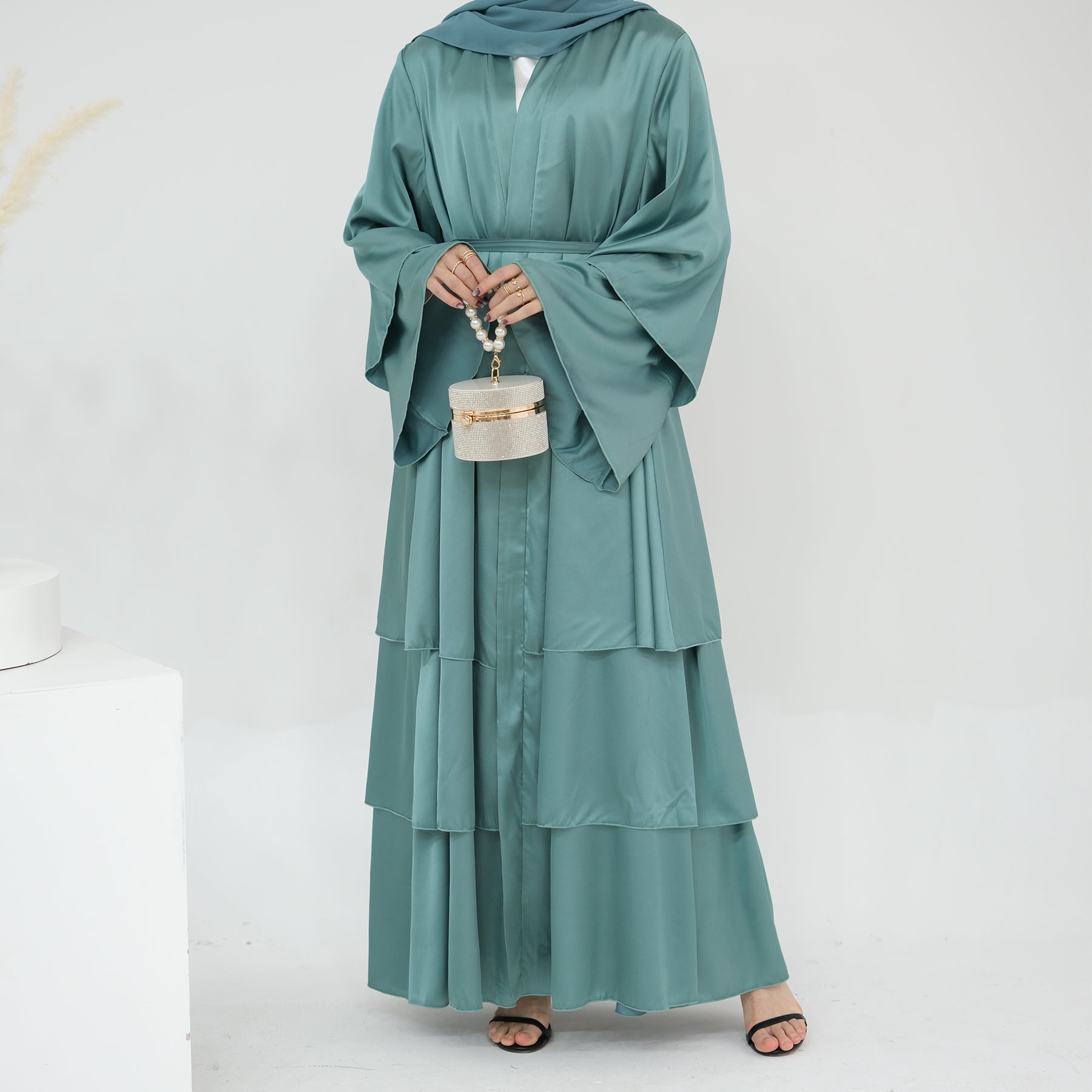 Miranda Layered Hem Satin Open Abaya Dress for Women - Elegant Mint Green Islamic Prayer Abaya for Mosque, Eid & Special Occasions