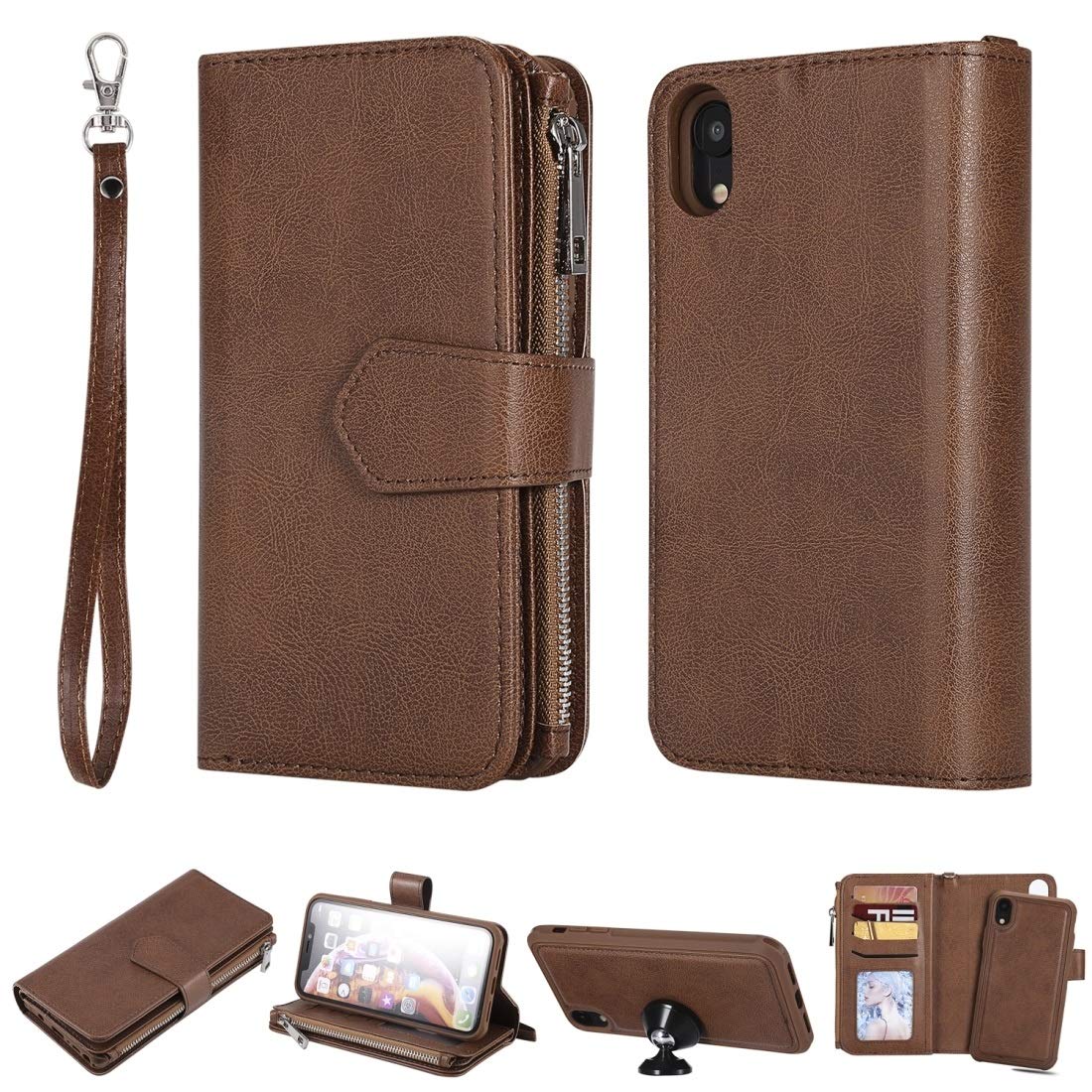 Easepoints iPhone XR Wallet Case - 2 in 1 Shockproof Protective Cover with Card Slots, Stand & Photo Holder | Slim Zipper Phone Case for Women & Men | Perfect for Travel, Work & Daily Use (Brown)