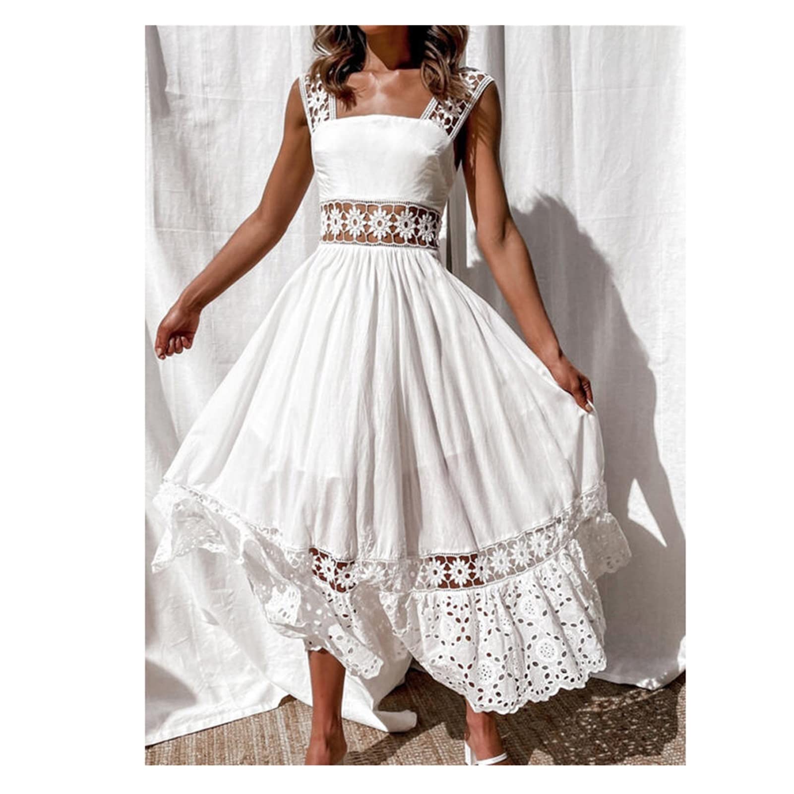 CHYSP Women's Bohemian Lace Cotton Sleeveless Maxi Dress - White Hollow Out Boho Sundress (Size XL) | Perfect for Beach Vacations, Summer Parties & Casual Outings