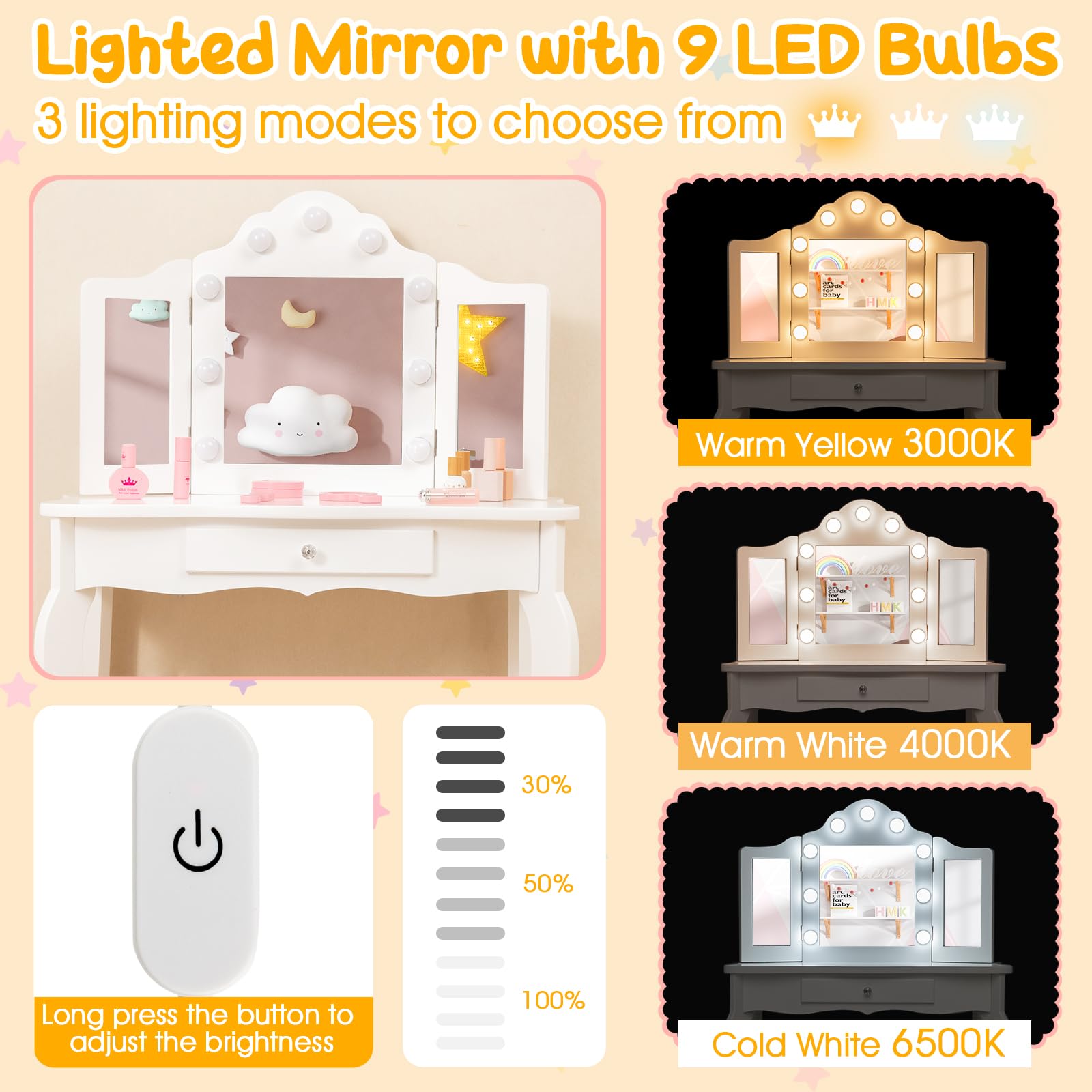 Costzon Kids Vanity Set with Mirror, Stool & LED Lights - 2-in-1 Wooden Princess Makeup Dressing Table with Drawers - White Toddler Vanity Desk for Girls Pretend Play (Perfect for Bedroom Playroom & Birthday Gifts)