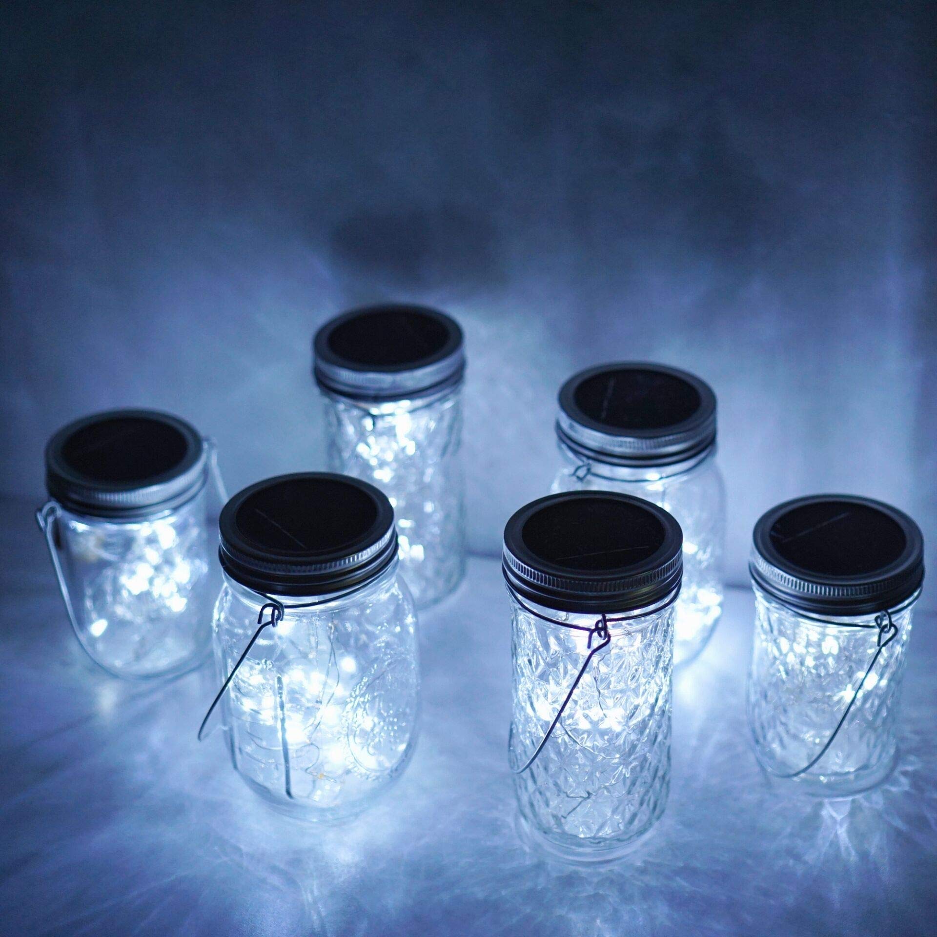 6 Pack Solar Mason Jar Lights - 20 LED Fairy String Lights with Hangers, Waterproof Firefly Lanterns for Outdoor Wedding, Garden, Patio & Christmas Decor (Cold White) | Perfect for Backyard Parties, Romantic Evenings & Holiday Lighting