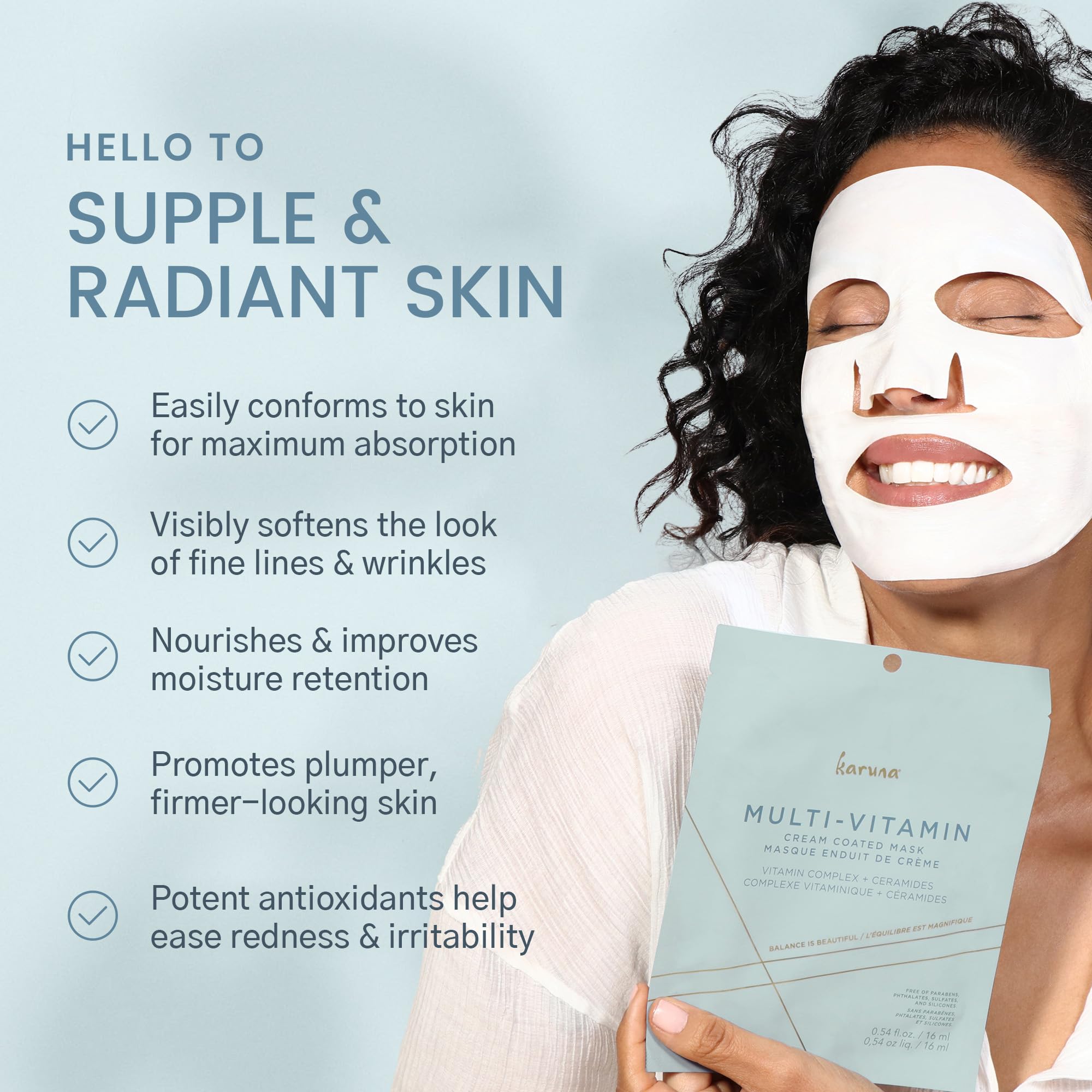 Karuna Multi-Vitamin Face Masks - Cream-Coated Hydrating Sheet Masks for Sensitive Skin | Hypoallergenic, Vitamin-Rich Skincare Treatment | Lightweight & Non-Greasy Formula | 16ml x 4 Pack | Perfect for Daily Hydration, Spa Nights & Travel Skincare Routine