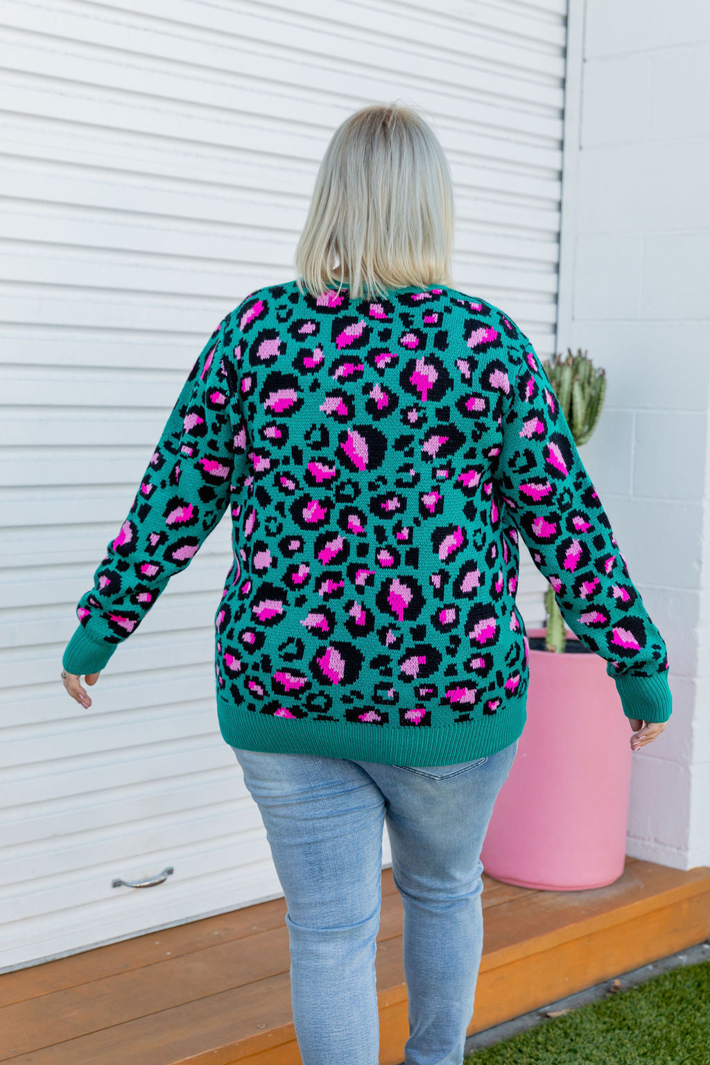 Kasey Rainbow Frankie Knit Sweater - Green Leopard Print Women's Pullover | Cozy Winter Fashion for Casual Outings & Holiday Gatherings