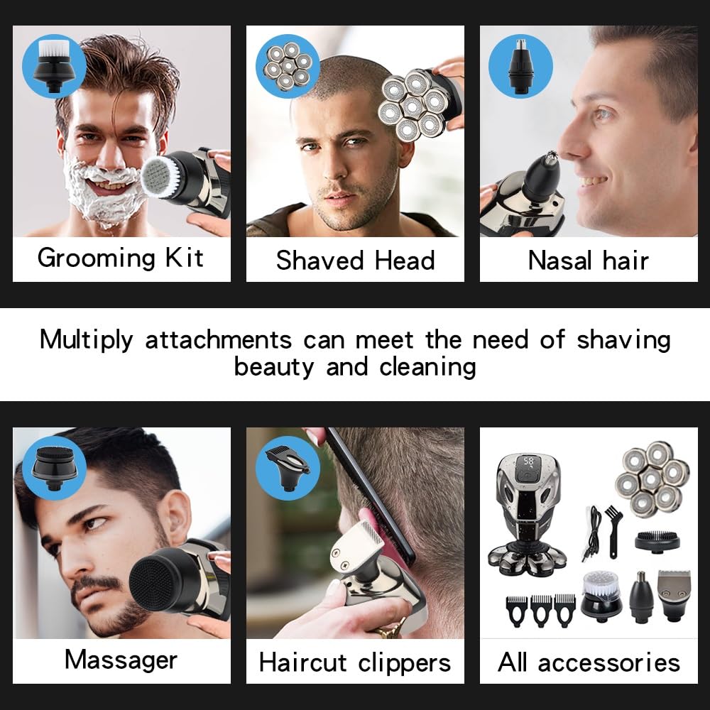 7D Electric Head Shaver for Bald Men - Cordless Waterproof Rechargeable Shaver with LCD Display | Men's Grooming Kit for Smooth Head Shaving at Home, Gym or Travel
