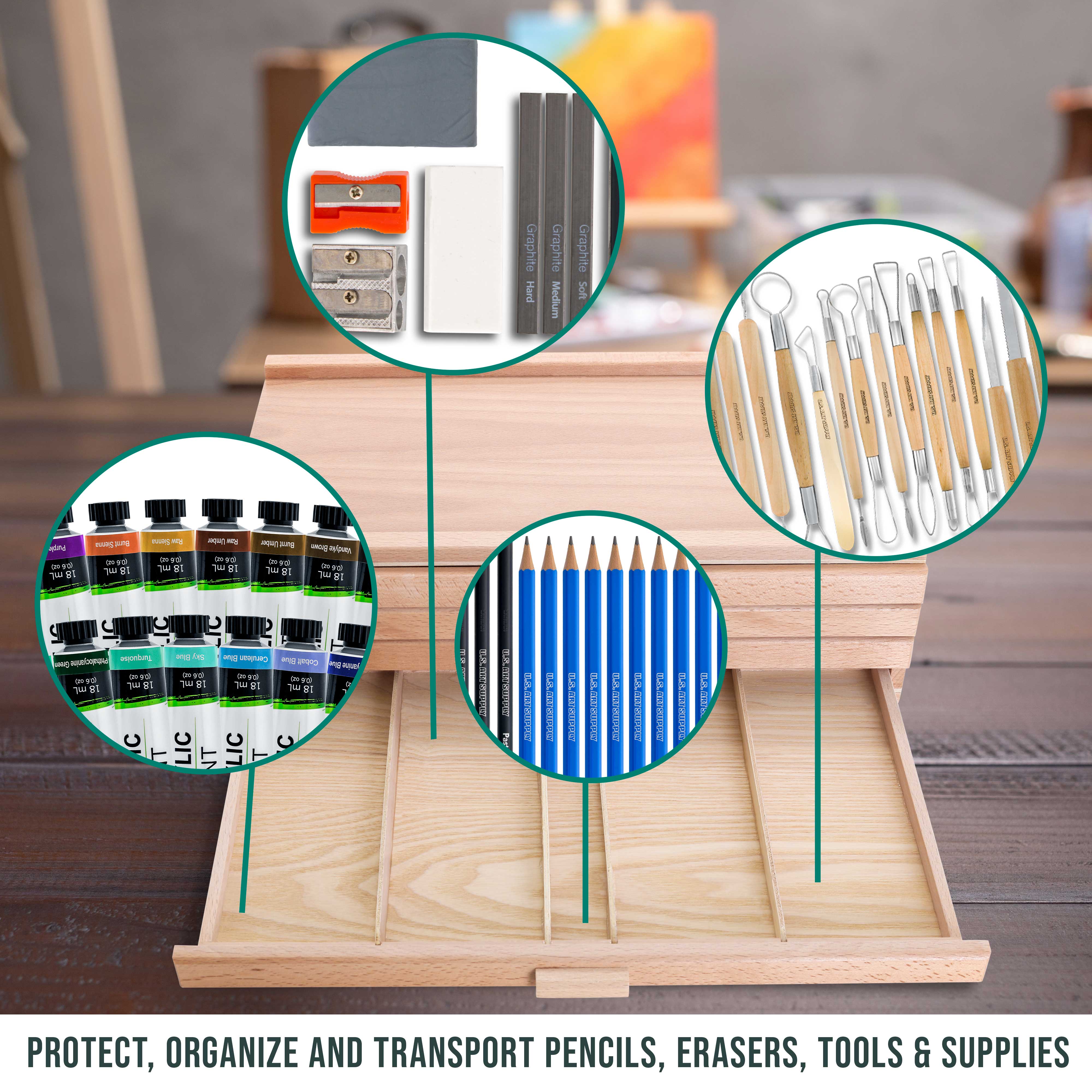 4-Drawer Artist Wood Storage Box for Pastels, Pens, Markers - Elm Hardwood Construction with 5 Compartments per Drawer - Perfect for Drawing, Sketching & Art Supplies Organization - Ideal for Artists, Students & Craft Rooms