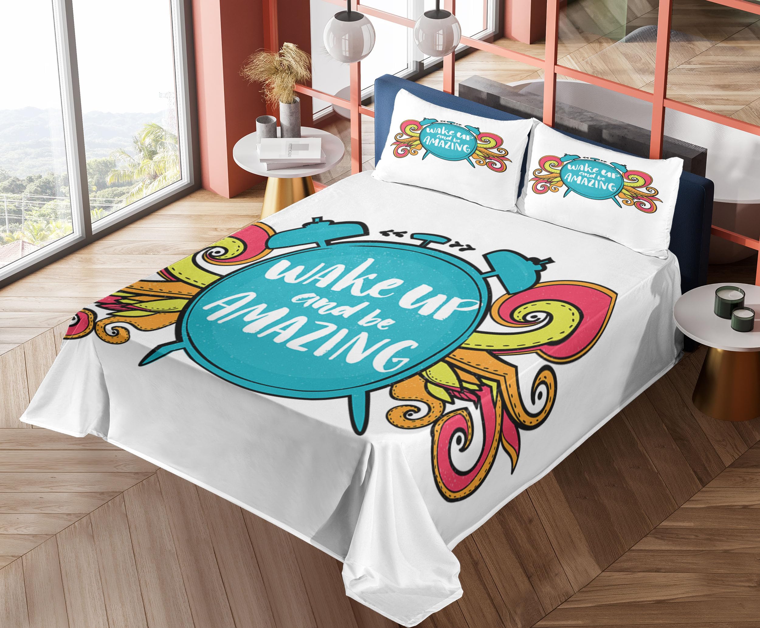 Ambesonne Motivational Bed Sheet Set - Wake Up & Be Positive 4-Piece King Size, Sky Blue & Dark Coral - Includes Fitted Sheet, Flat Sheet & Pillowcases - Perfect for Uplifting Morning Routine & Inspirational Bedroom Decor