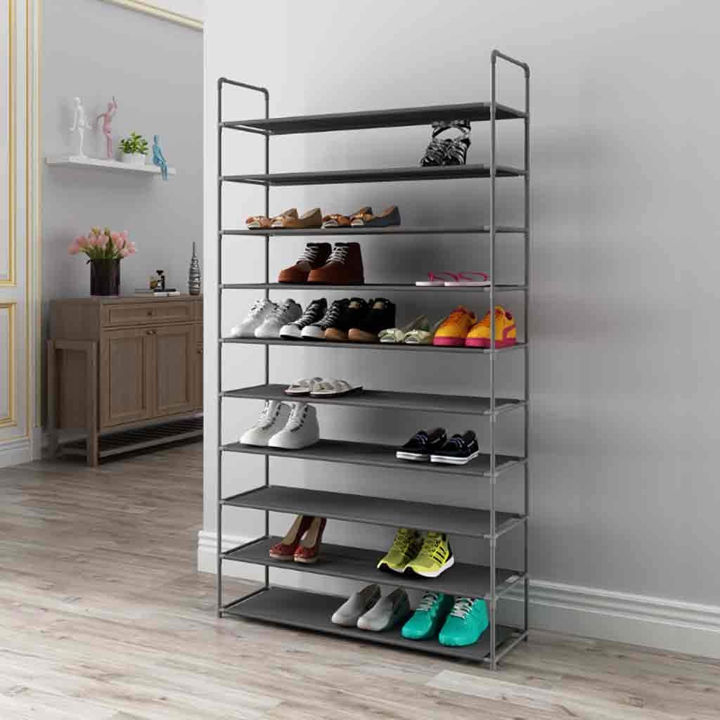 10-Tier Non-Woven Fabric Shoe Rack with Handle - Space Saving Shoe Storage Organizer for Home, Dorm, Closet & Entryway (Black/Gray) - Easy Assembly Shoe Cabinet for Sneakers, Boots & Sandals