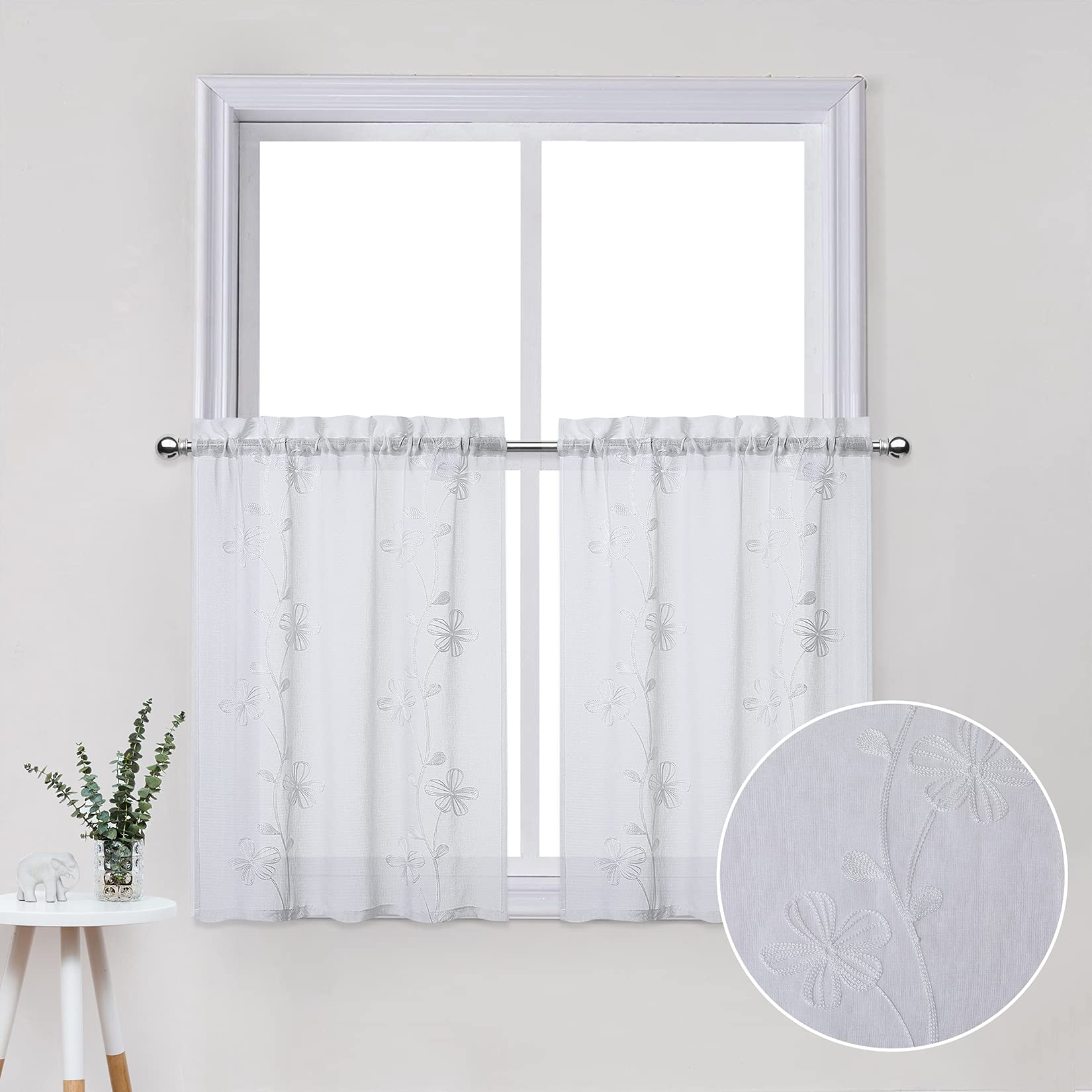 CAROMIO White Short Café Curtains 24 Inch Length - Floral Embroidered Semi Sheer Window Panels for Small Windows (26