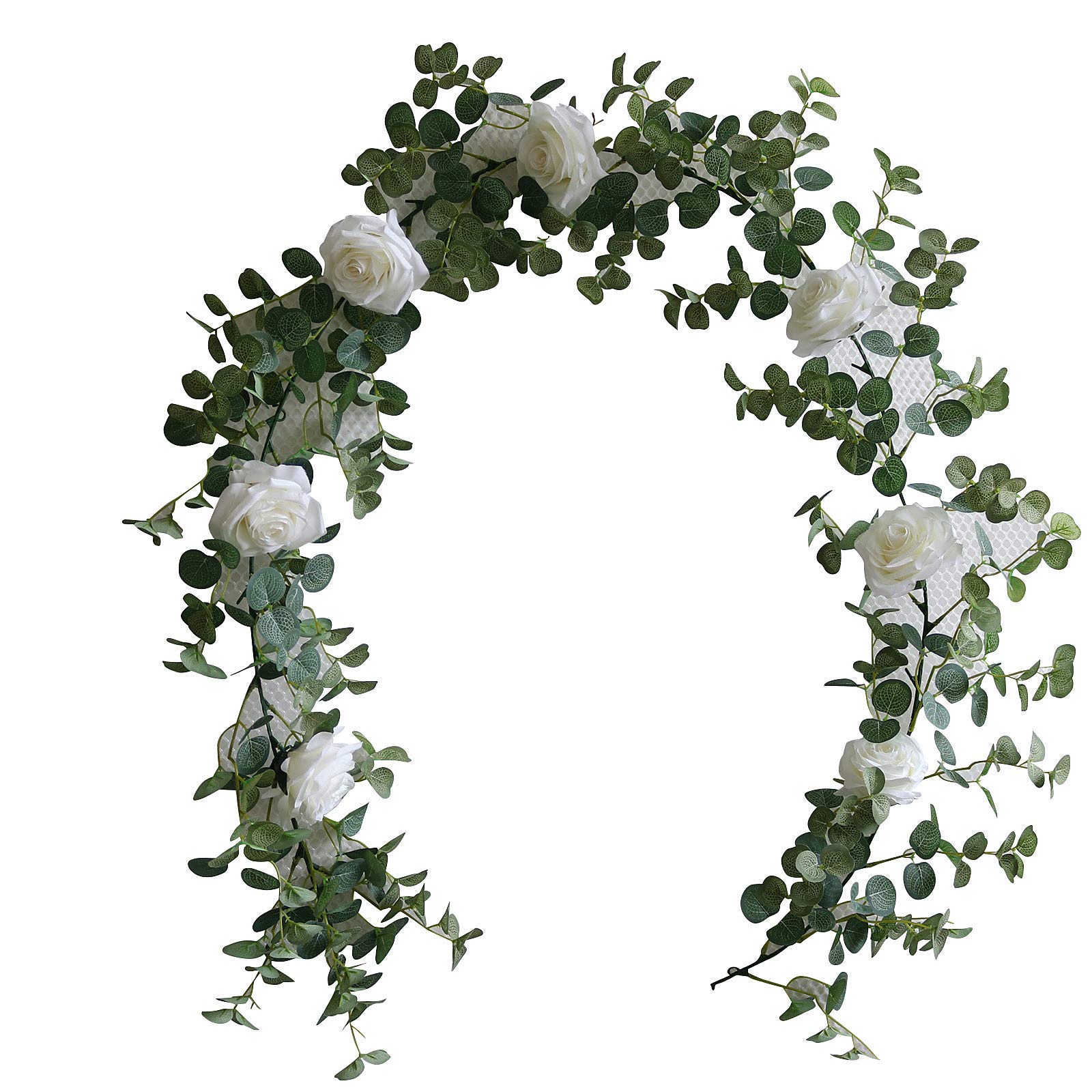 MILAX 7 Rose Artificial Floral Wreath Garland - White Silk Flower Vine Decor for Indoor Outdoor Wedding Party Home Garden Decoration - Elegant Rose Vine for Wall Door Table Centerpiece Décor