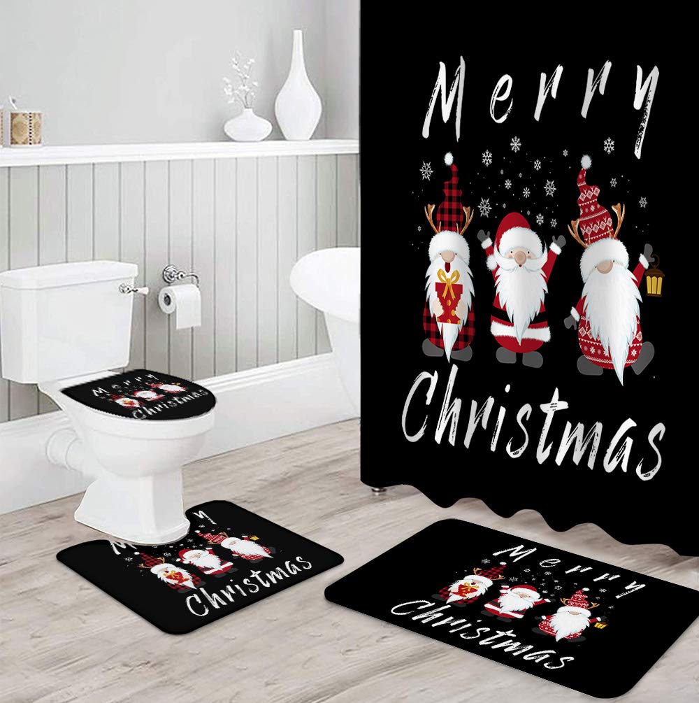 4PCS Non-Slip Christmas Gnome Bathroom Mat Set - Merry Christmas Decor with Shower Curtain, Toilet Seat Cover & Rugs for Holiday Bathroom Decorating - Perfect for Christmas Home, Guest Bathroom & Festive Gift Giving