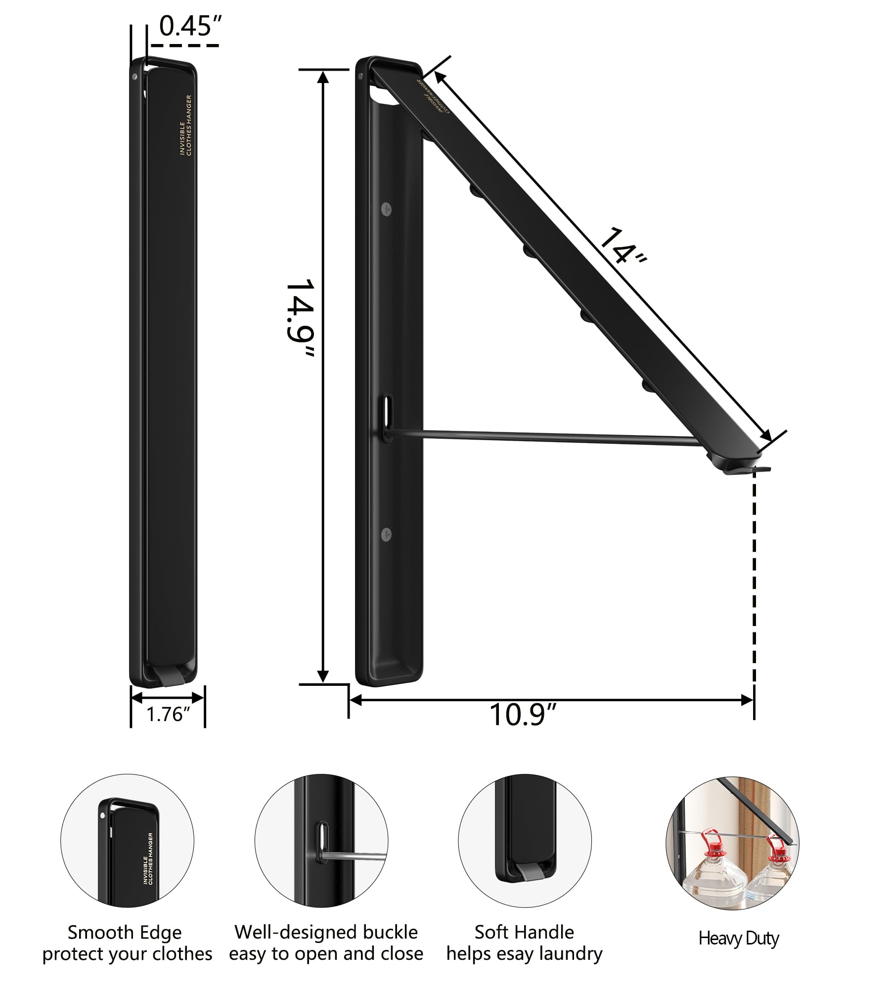 Wall Mounted Retractable Foldable Clothes Drying Rack - Space Saving Laundry Organizer for Dorm, Closet, Balcony & Laundry Room (Black Metal, 1 Pack) - Perfect for Small Spaces & Quick Drying