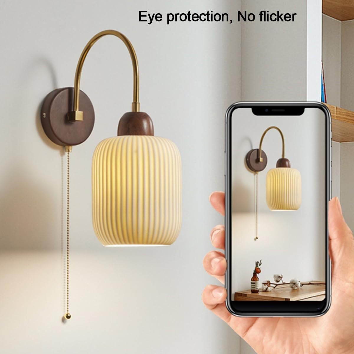 Farmhouse Ceramic Wall Sconce with Wooden Base & Pull Cord Switch - E27 Base Wall Mounted Reading Light for Living Room, Kitchen, Restaurant, Loft - Perfect for Cozy Corners & Ambient Lighting