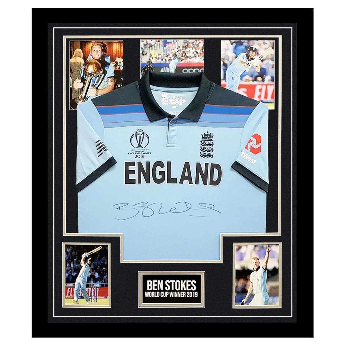 Ben Stokes Autographed Framed 2019 Cricket World Cup Winning Jersey - Perfect for Cricket Fans, Memorabilia Collectors, and Sports Decor