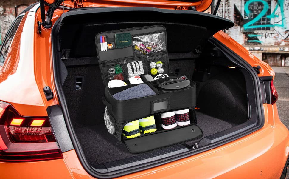 2 Layer Golf Trunk Organizer for SUV - Car Golf Storage with Ventilated Shoe Compartment for Shoes, Balls, Tees & Accessories - Perfect Golf Gifts for Men - Ideal for Travel & Tournament Use