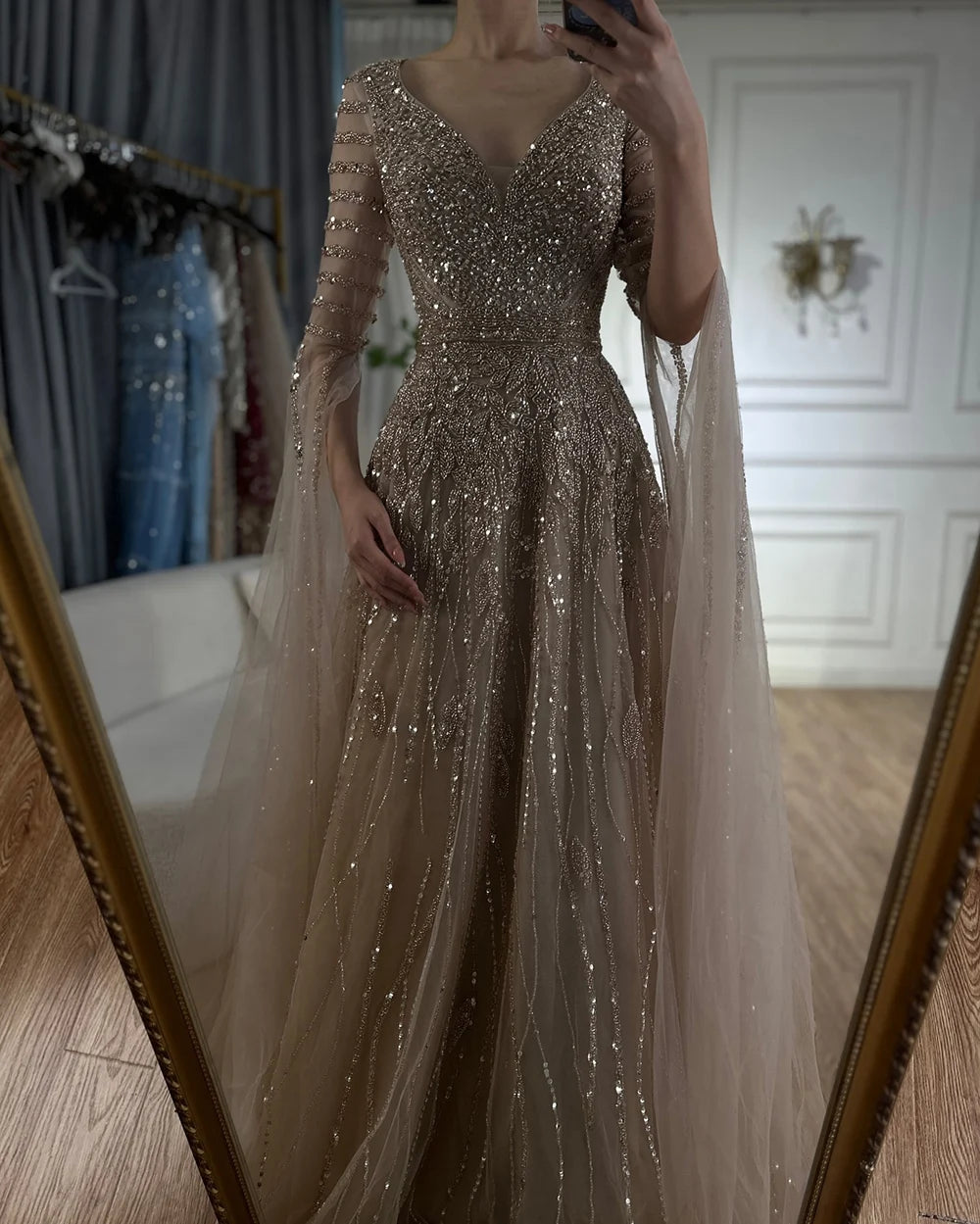 Elegant Beaded Long Evening Gowns with Cape Sleeves - Luxury Dubai Arabic Caramel A-Line Formal Dress for Women | Perfect for Weddings, Galas & Special Occasions LA72750