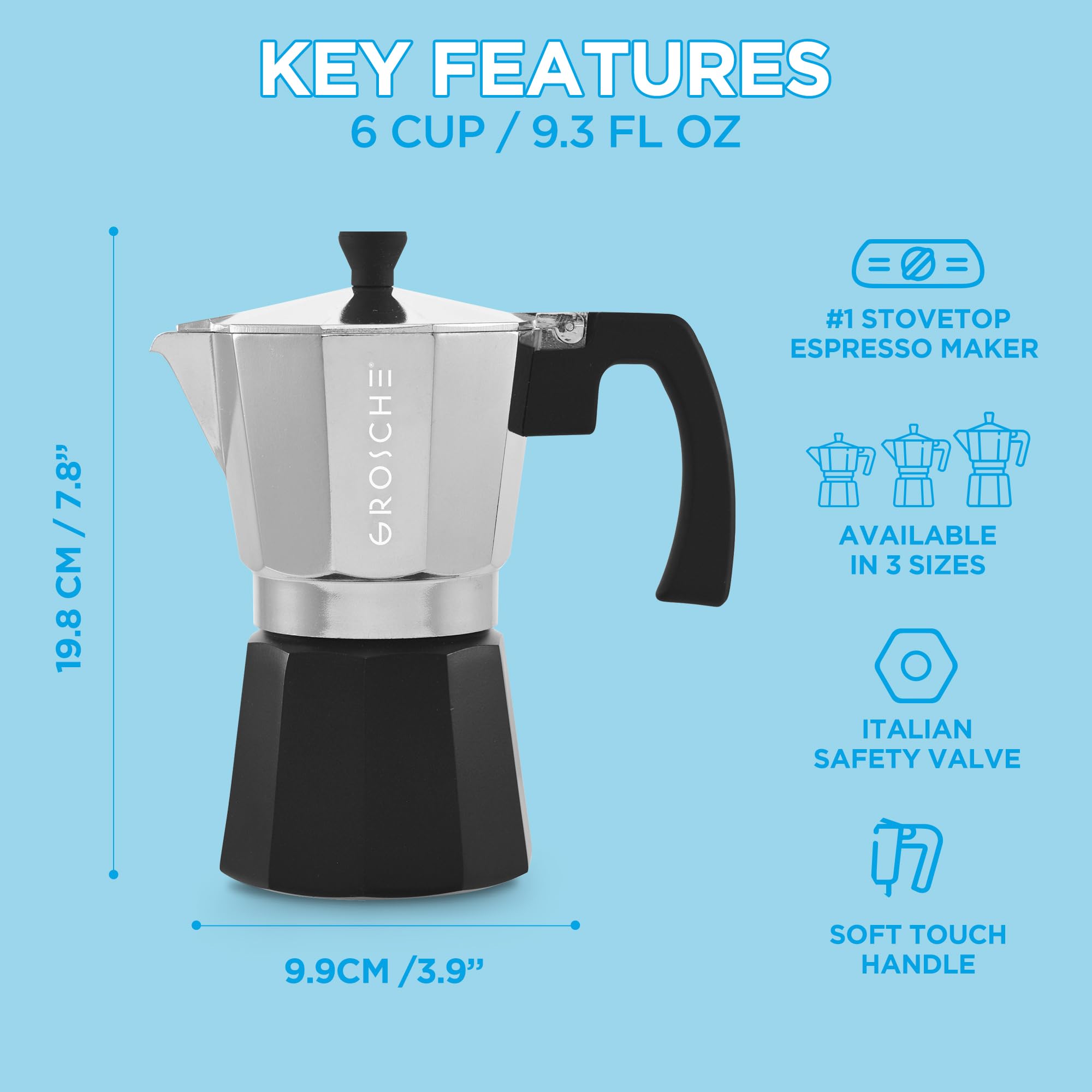 GROSCHE Milano Stovetop Espresso Maker - 6 Cup Moka Pot for Cuban & Italian Coffee | BPA-Free Aluminum Stovetop Coffee Brewer for Home, Camping & Gifts | Makes Rich Espresso, Latte & Cappuccino