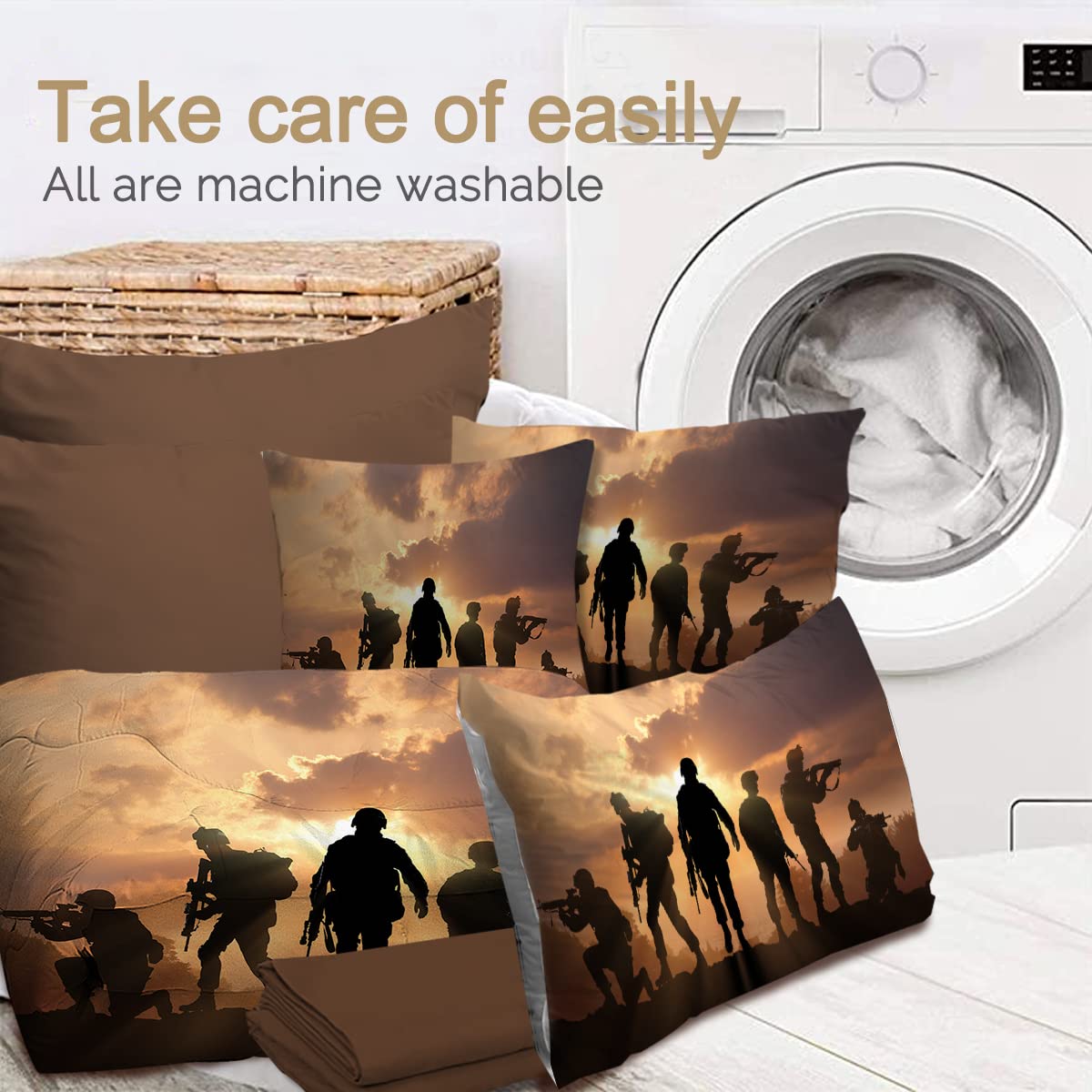 BlessLiving Soldier Comforter Set - 8 Piece Military Themed King Size Bedding Set with Comforter, Sheets, Pillowcases, Shams & Cushion Cover (Orange & Grey) - Perfect for Army Enthusiasts, Military Decor, and War Movie Themed Bedrooms