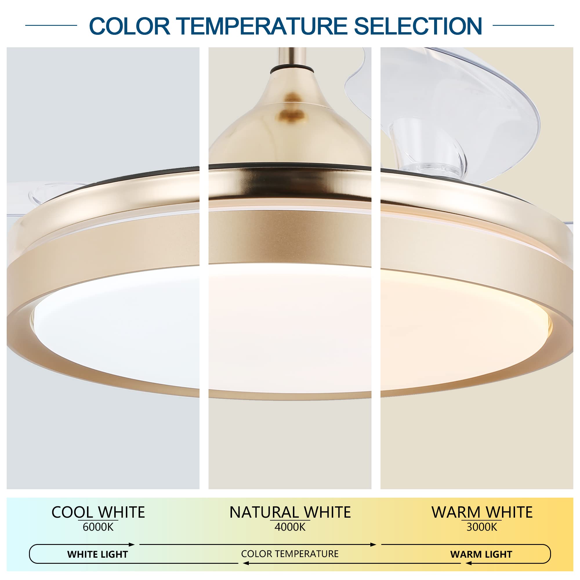 42 Inch Retractable Ceiling Fan with Lights and Remote Control - 3 Speed Settings, 3 Color Changing LED Lights, 4 Timer Modes, Ultra Quiet Motor, Gold Finish - Perfect for Living Room, Bedroom, and Office Spaces