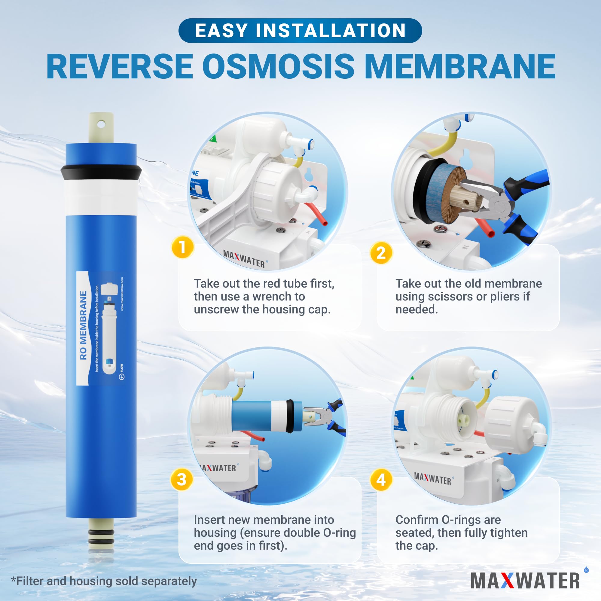 50 GPD Reverse Osmosis Water Filter Replacement Membrane - Universal RO Drinking Water System for Under Sink - Perfect for Home, Office & RV Water Purification (1 Pack)