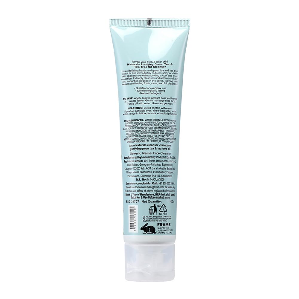AVON Naturals Green Tea & Tea Tree Oil Facial Cleanser 100g - Deep Cleansing for Acne-Prone & Oily Skin | Gentle Daily Face Wash for Men & Women