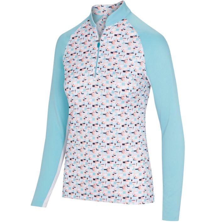 Greg Norman Women's Solar XP Prism Print 1/4 Zip Pullover Golf Shirt - UPF 50+ Sun Protection, Moisture-Wicking & Breathable - Oasis Blue - Perfect for Golf, Tennis & Outdoor Activities