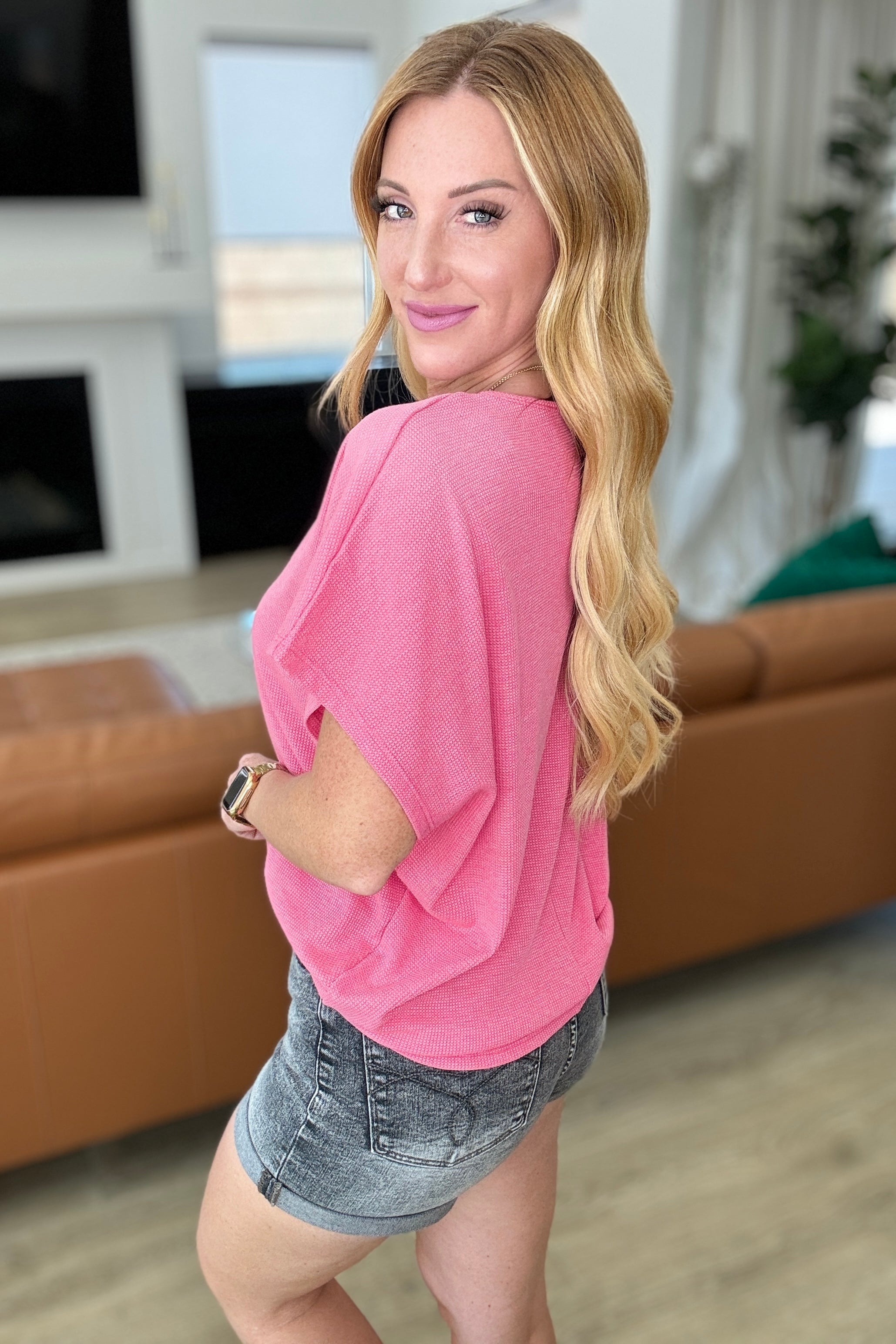 Big Sky Country Waffle Knit Top Women's Casual Long Sleeve Shirt in Hot Pink | Cozy Winter Wear & Layering Essential