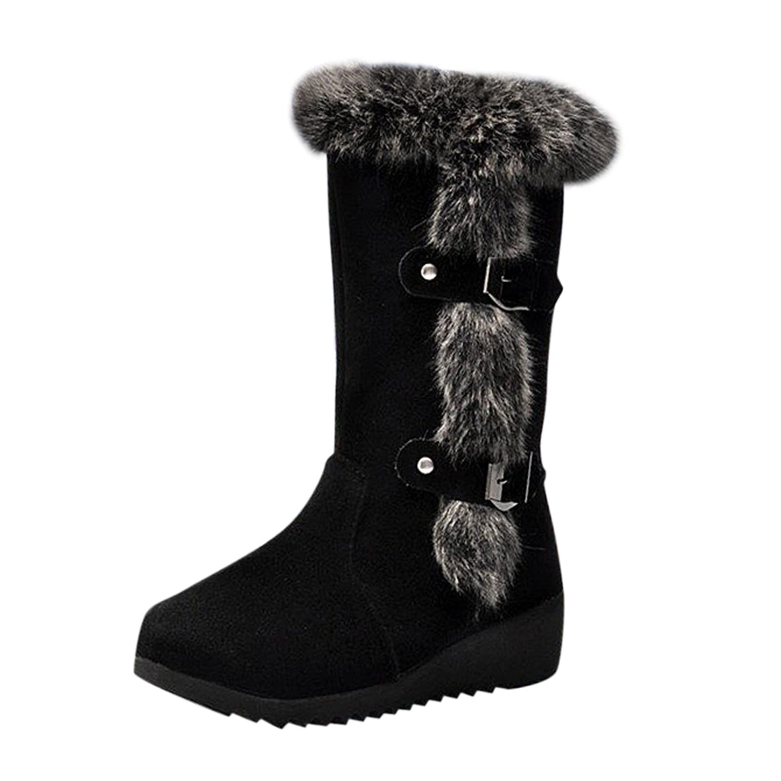 Xbemkste Women's Winter Boots - Warm Fleece Lined Fashion Boots with Wedge Heel, Cotton Buckle & Winter Belt - Cozy Furry Boots for Snow, Cold Weather & Outdoor Activities