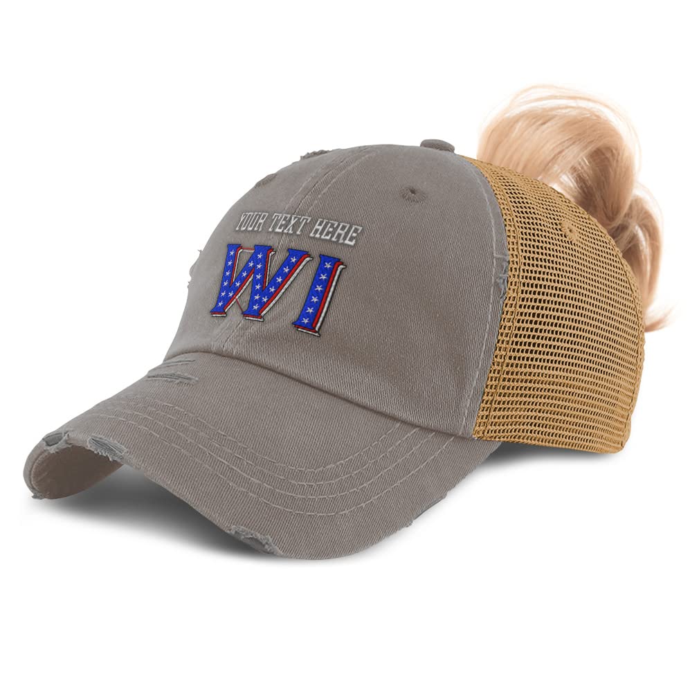 Women's Ponytail Trucker Hat - Wisconsin Blue Flag Stars Milwaukee Distressed Baseball Cap for Outdoor Activities & Sports Events