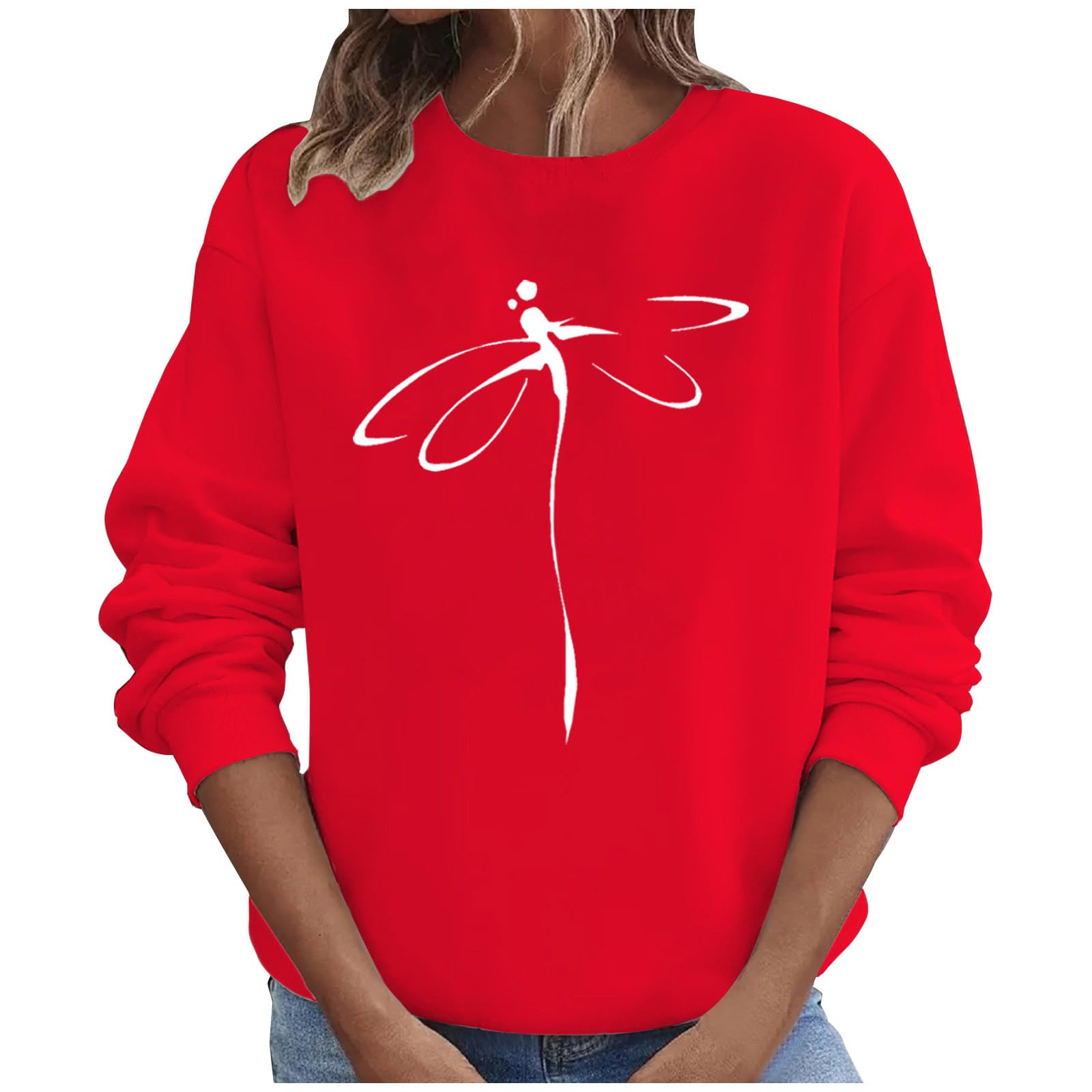 Women's Long Sleeve Graphic Crewneck Sweatshirt - Dragonfly Print Thin Pullover Top for Casual Fall Fashion | Perfect for Everyday Wear, Layering & Outdoor Activities