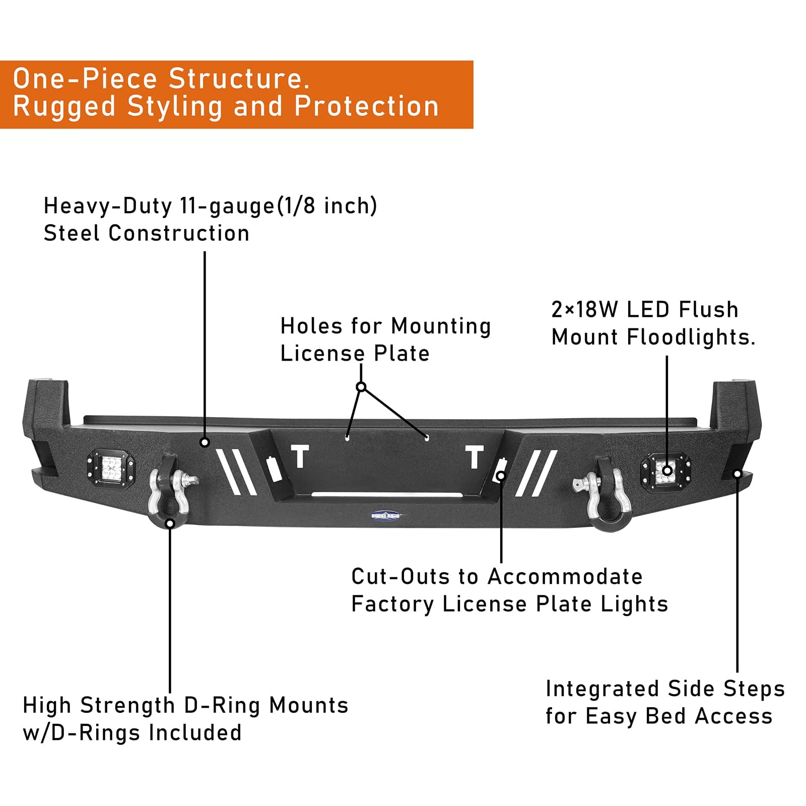Hooke Road Rear Bumper with LED Lights & D-Rings for 2005-2015 Toyota Tacoma 2nd Gen - Heavy Duty Off-Road Protection for Adventure & Towing