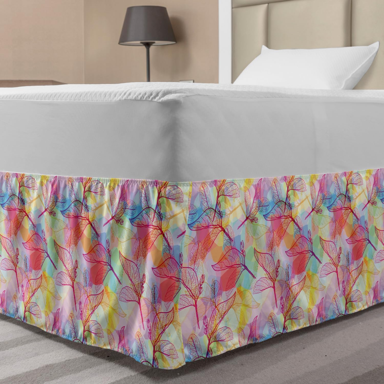 Ambesonne Abstract Bed Skirt - Colorful Spring Floral Leaves Design, Elastic Dust Ruffle Wrap Around Bedskirt for Queen/King Size Beds | Perfect for Seasonal Bedroom Decor & Home Styling