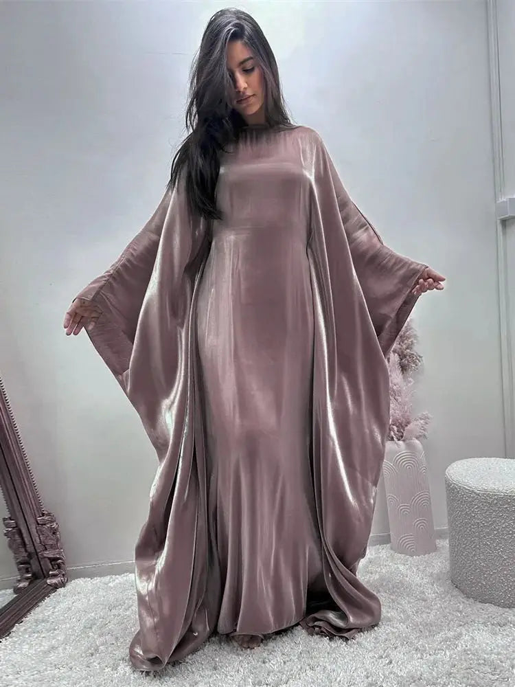 Elegant Batwing Sleeve Satin Abaya Dress for Women - Modest Muslim Prayer Dress for Eid, Wedding & Special Occasions