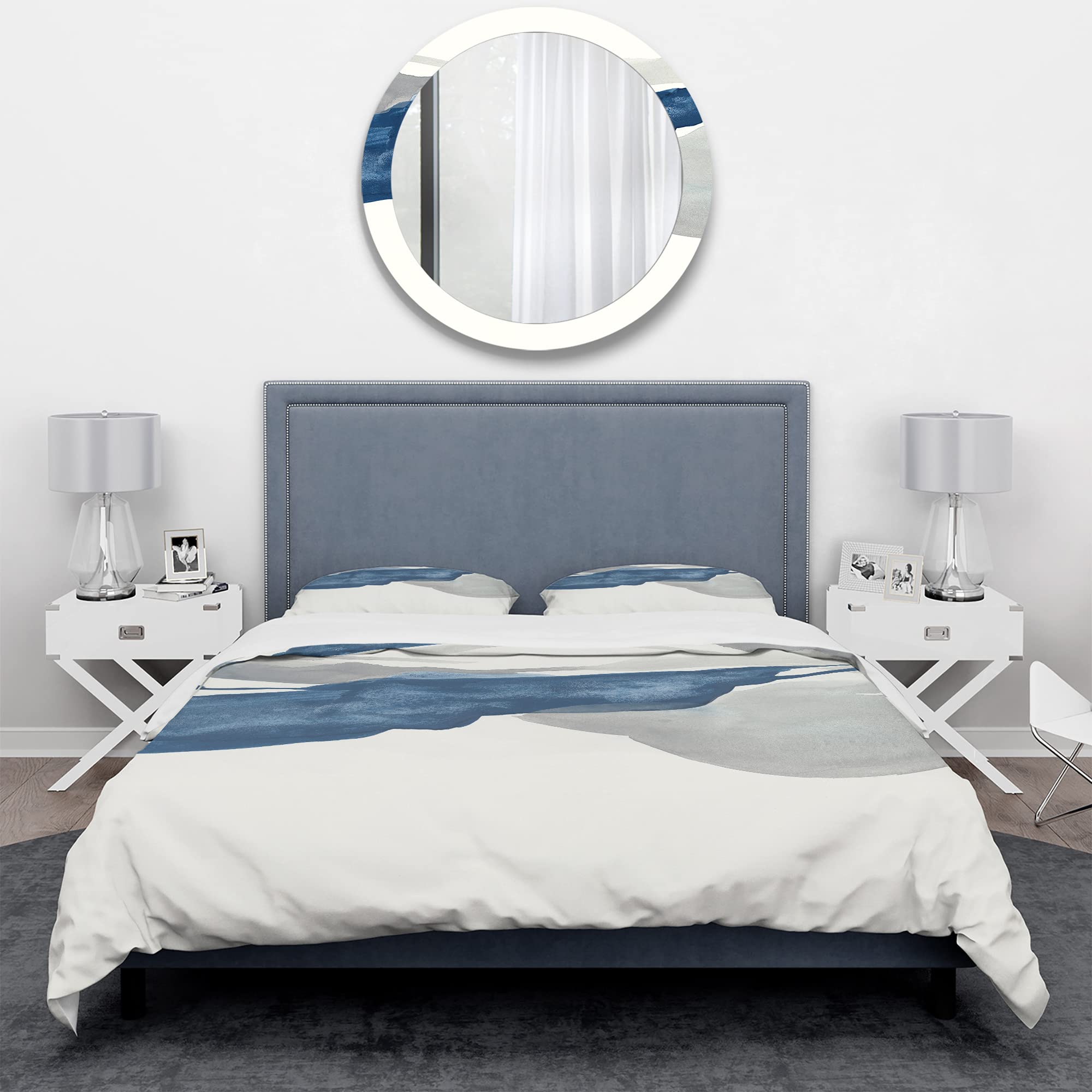 DesignQ Gouache Sapphire on Gray II Nautical & Coastal Duvet Cover Set - King Size Blue Abstract Bedding (3-Piece) | All-Season Luxury Bedding for Coastal & Nautical Themed Bedrooms