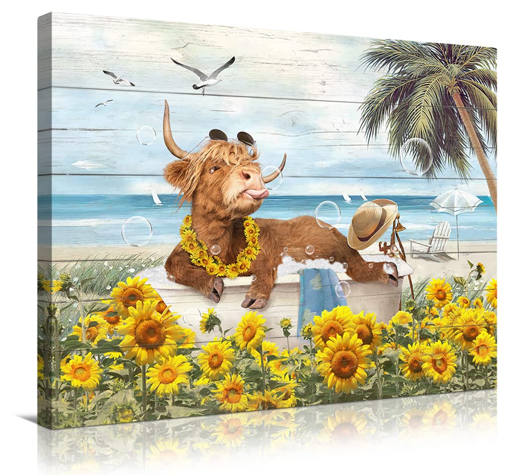 Highland Cow Canvas Art - Rustic Farmhouse Decor for Bathroom & Beach - 8x10 Inch Framed