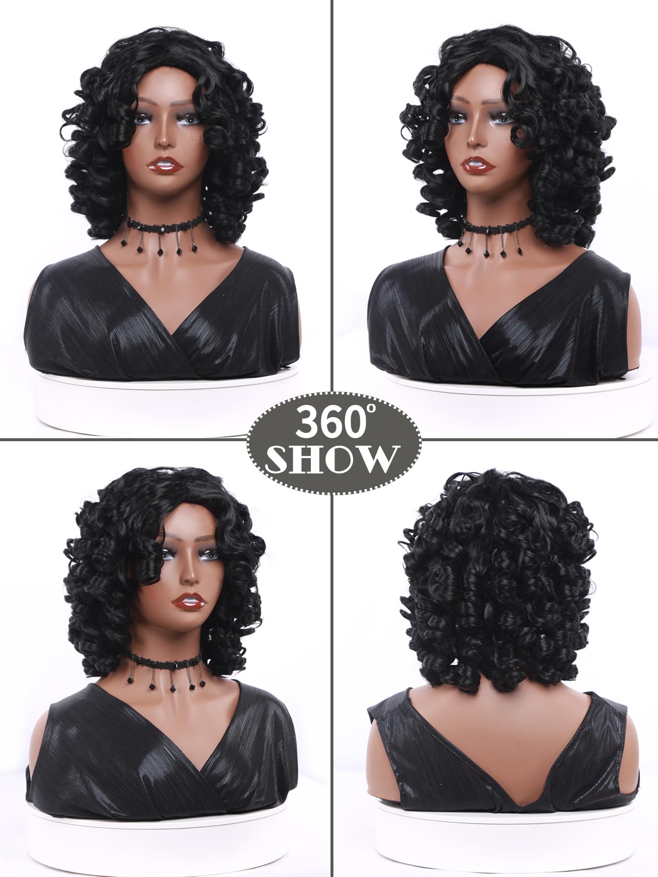 Natural Looking Short Curly Wigs for Black Women - Afro Big Curly Synthetic Wigs with Bangs | Soft Fluffy Hair for African American Women | Perfect for Daily Wear, Cosplay & Parties (Black)