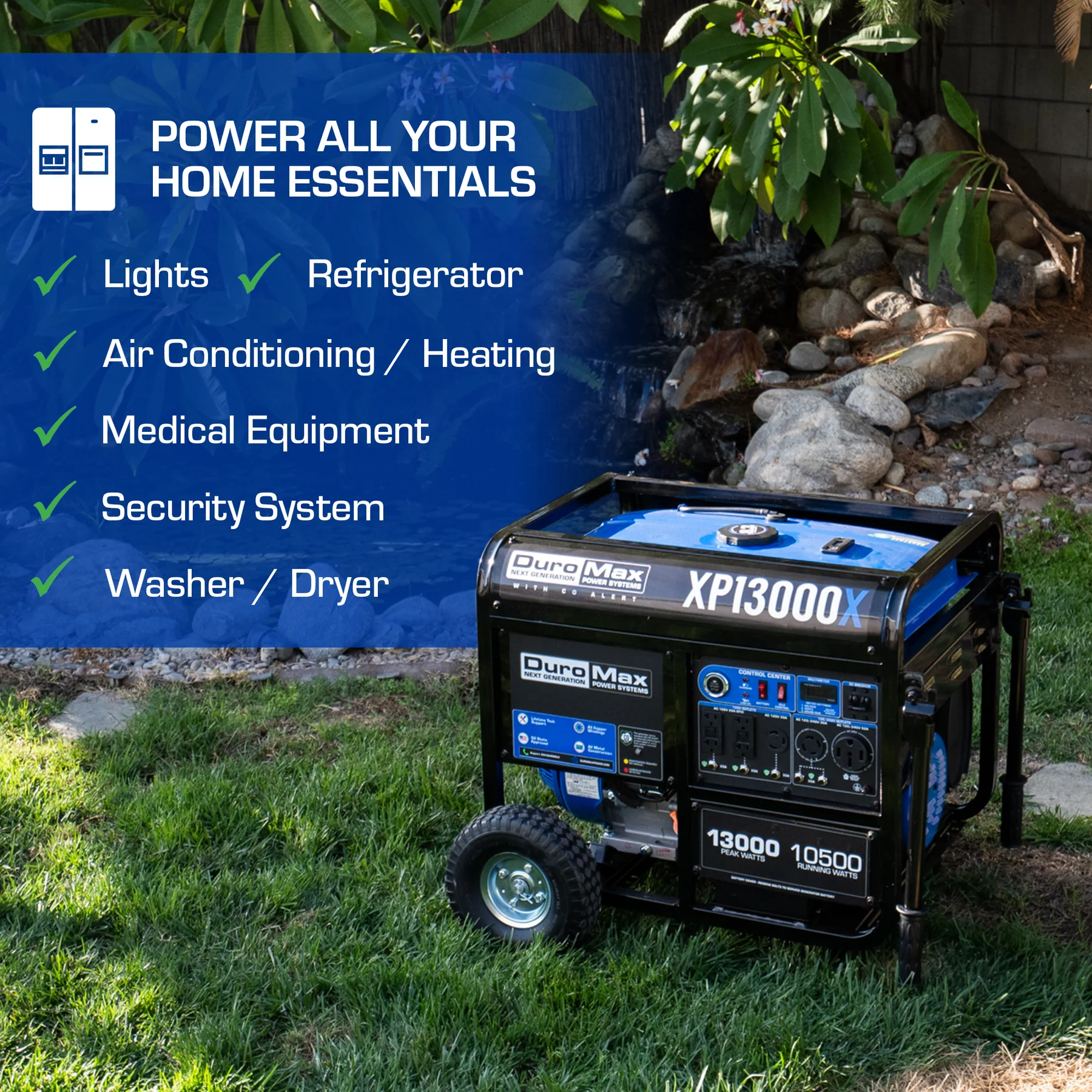 DuroMax XP13000X 10500W/13000W Portable Gas Generator with Electric Start & CO Alert - Backup Power for Home, Camping, RV & Emergency Use