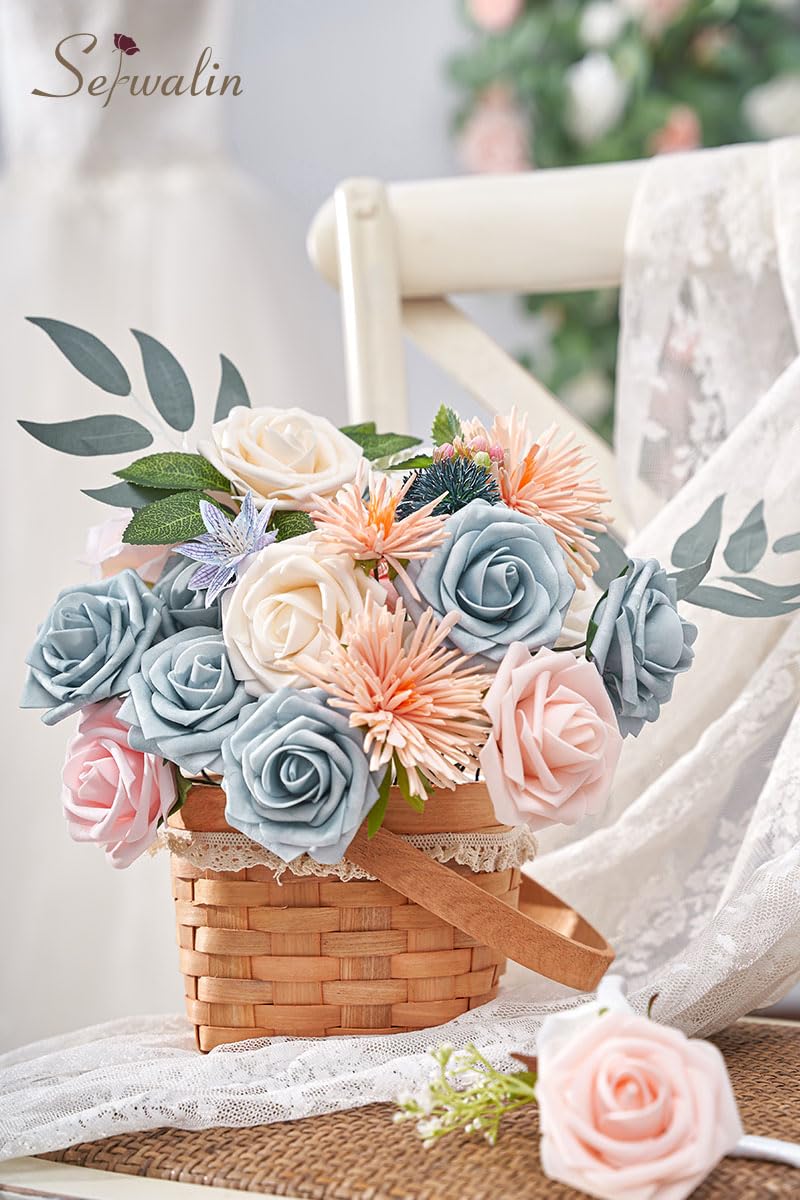 Serwalin Artificial Silk Flowers - Blue & Pink Fake Flowers for DIY Wedding Bouquets, Bridal Arrangements, Baby Shower Decor, Home & Cake Decoration | Perfect for Wedding Centerpieces, Party Decorations & Floral Crafts