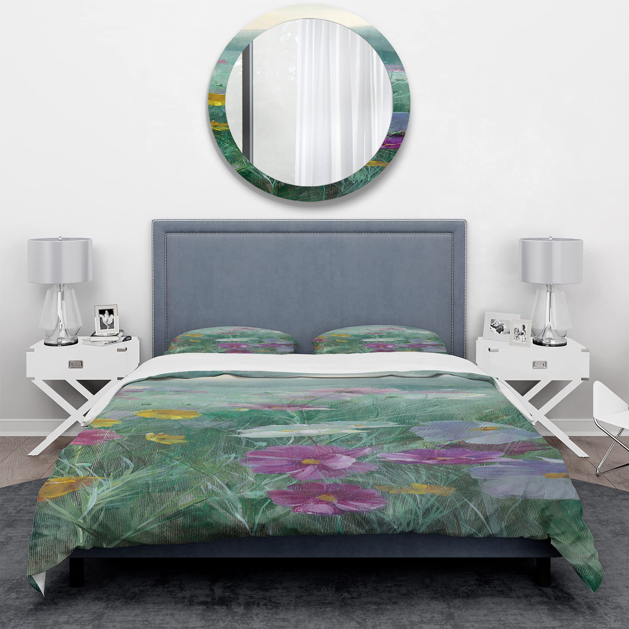 DesignQ Cosmos at Dawn III Traditional Duvet Cover Set - King Size Blue Floral Bedding 3-Piece Set for All Seasons | Perfect for Master Bedroom, Guest Room & Cozy Home Decor