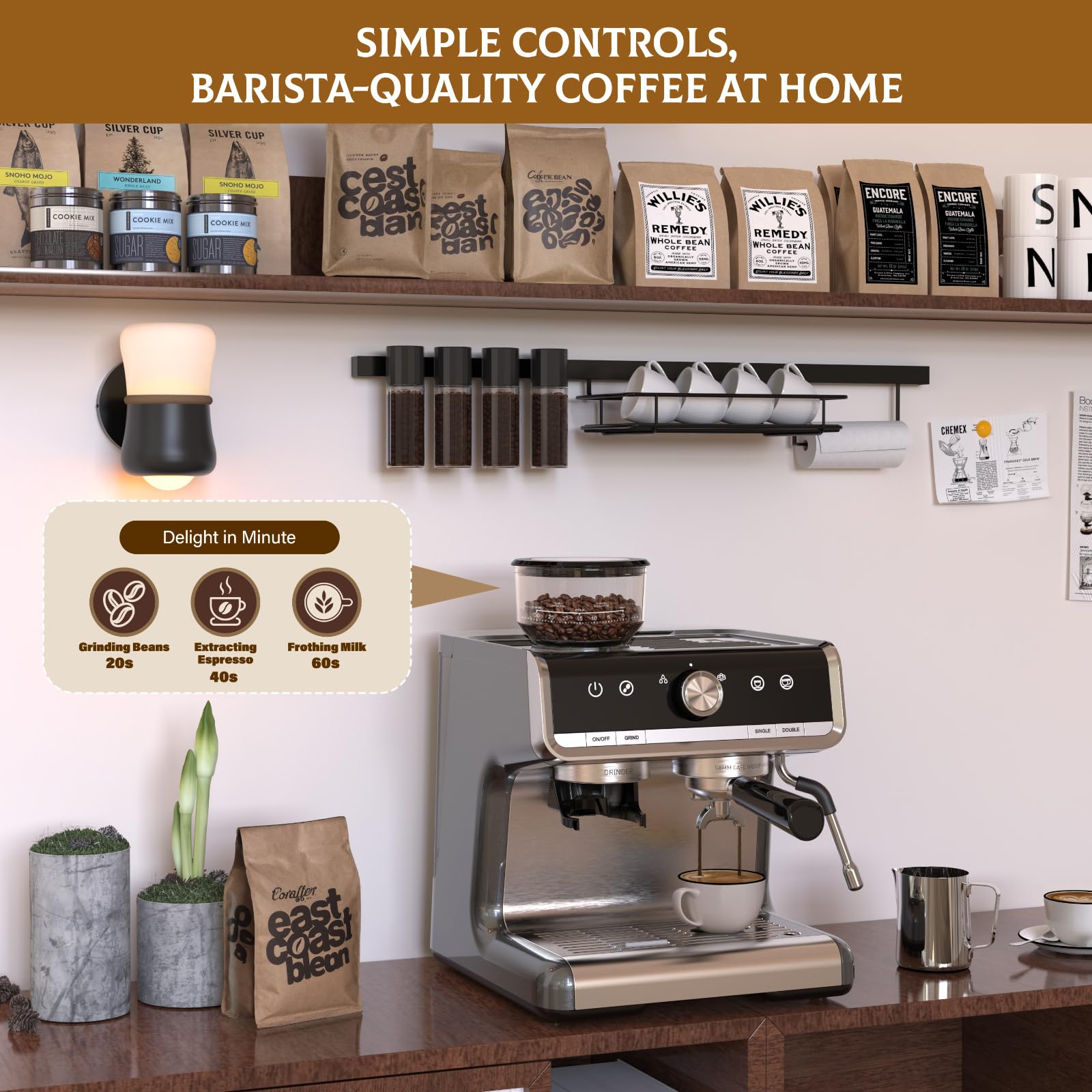 20 Bar Espresso Machine with Built-in Grinder & Steam Wand - Professional All-in-One Home Coffee Maker for Latte & Cappuccino, Light Gray - Perfect for Kitchen, Office & Small Spaces