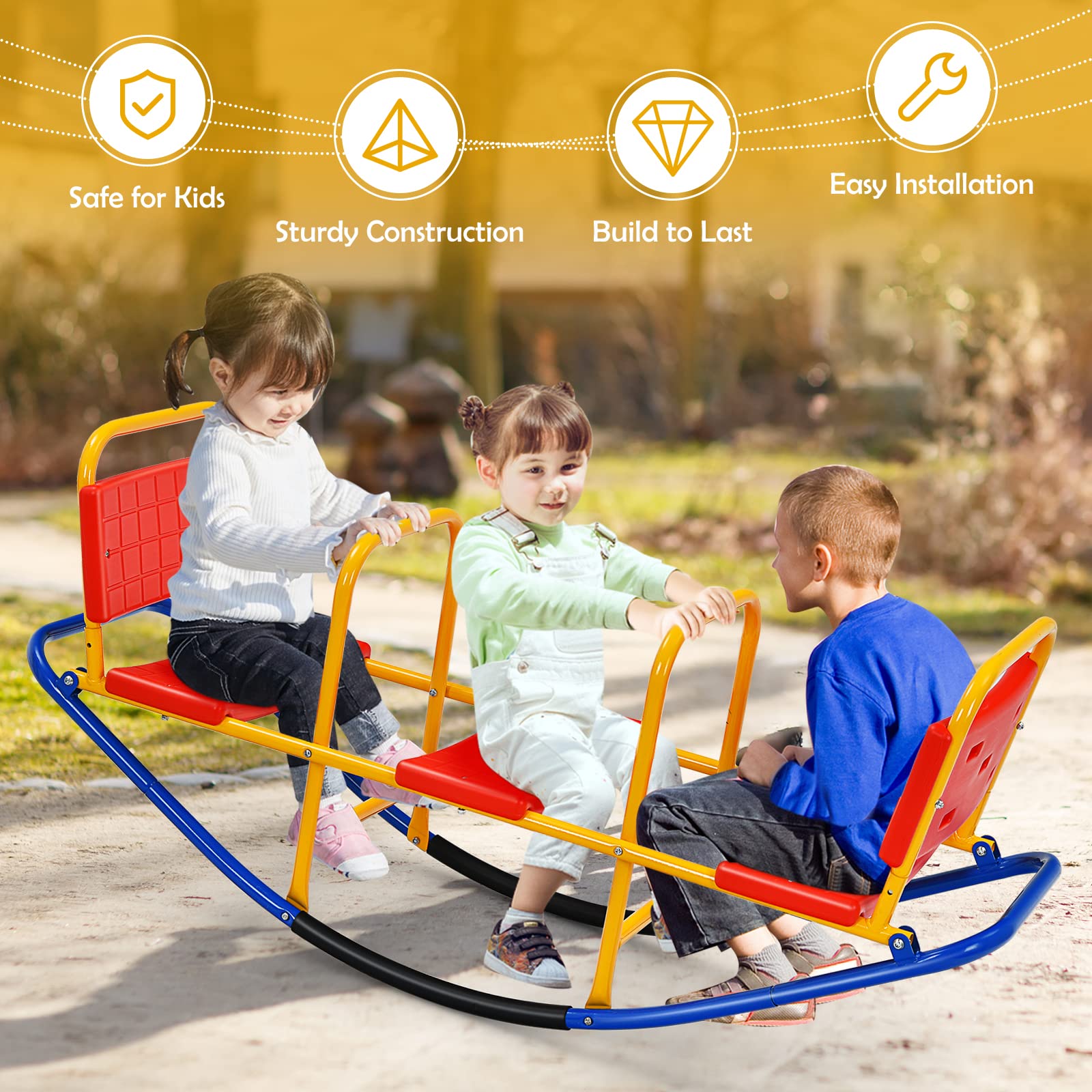 Costzon 2-in-1 Metal Teeter Totter Seesaw for Kids Ages 3-8 - Outdoor Rocking Toy with Easy-Grip Handles for Toddlers - Indoor/Backyard Play Equipment for Preschoolers (1-3 Person Capacity) - Perfect for Home, School & Park Playdates