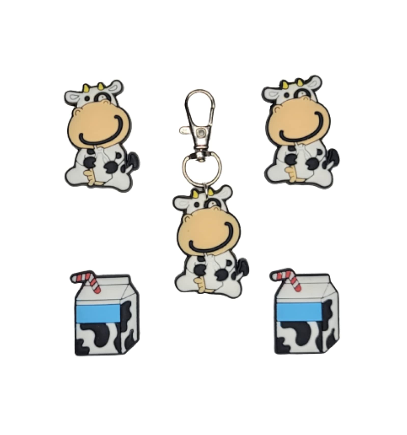 Cute Milk Moo Cow Shoe Charms for Crocs - 5-Piece Matching Zipper Charm Set | Fun Accessories for Kids & Adults | Perfect for School, Play & Fashion