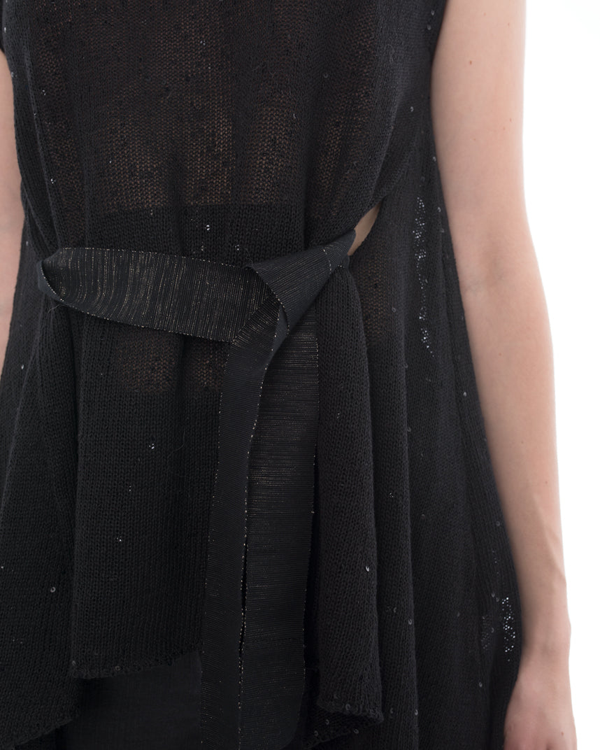 Brunello Cucinelli Women's Black Sleeveless Knit Top with Ribbon Belt - Size M | Luxury Cashmere Summer Blouse for Office & Evening Wear