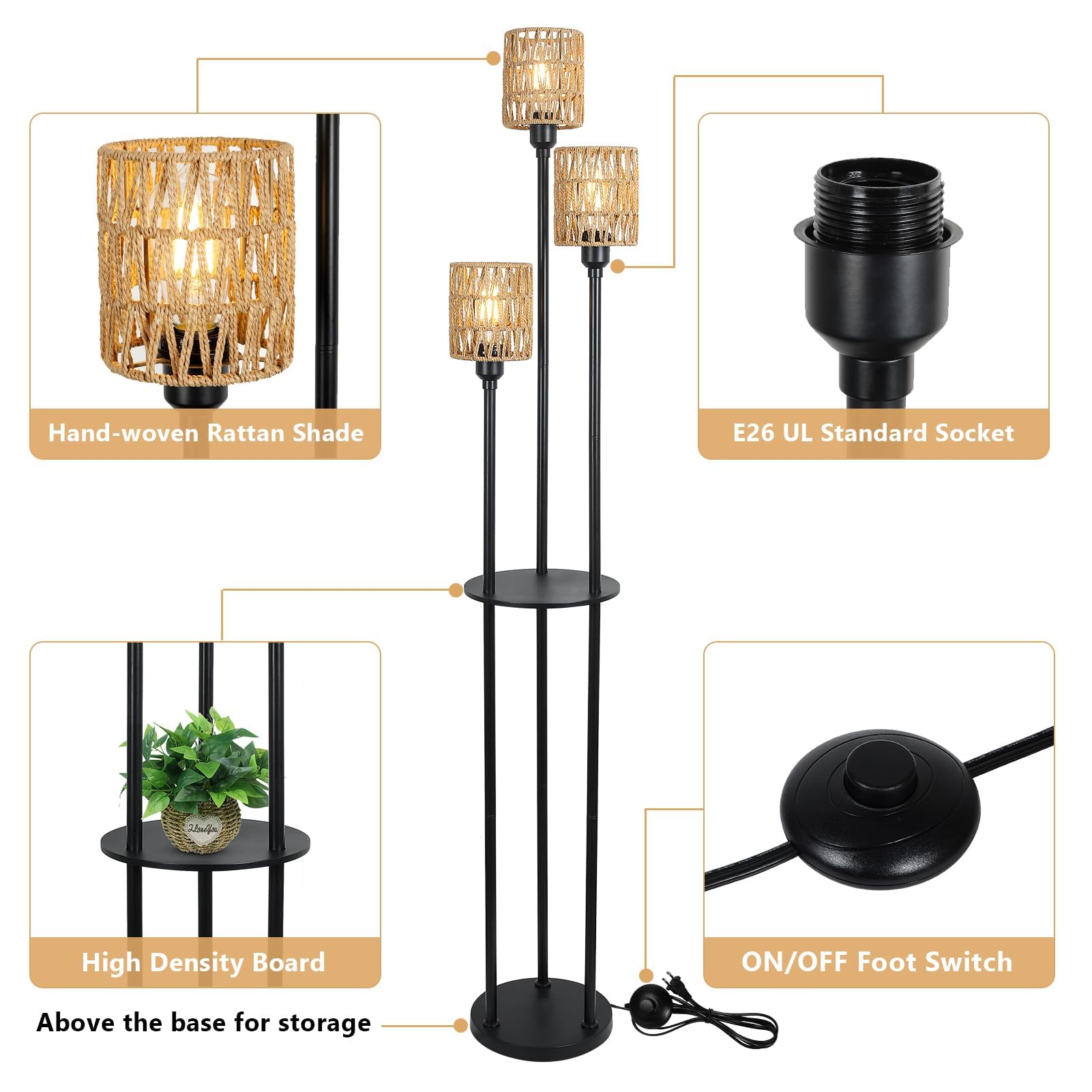 Boho 3-Light Rattan Floor Lamp with Shelves & Table - Rustic Farmhouse Standing Lamp with ON/Off Foot Switch & Rattan Shades - Tall Corner Lamp for Living Room, Bedroom, Office - Perfect for Reading Nook, Cozy Spaces & Farmhouse Decor