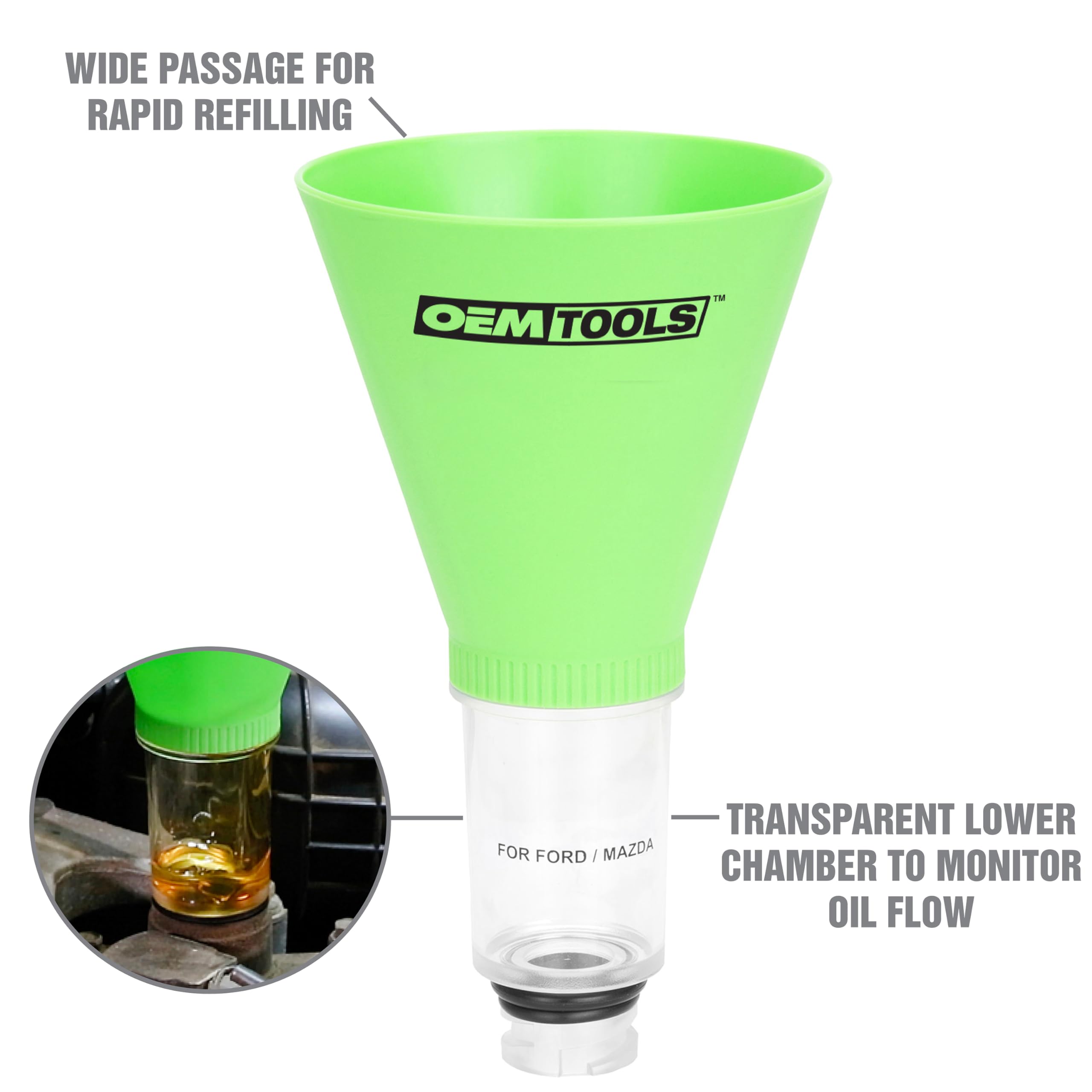 OEMTOOLS 87039 Universal Spill-Free Coolant Funnel Kit - Clear No-Spill Funnel Chamber with 8 Attachments for Car, Truck & Motorcycle Maintenance - Perfect for Oil Changes, Coolant Refills & Fluid Transfers